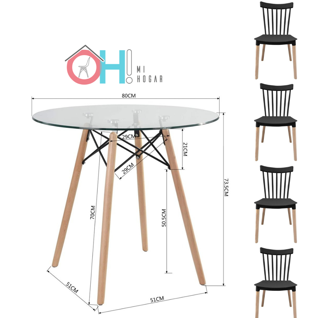 Comedor Redondo de Vidrio de 80cm + 4 Sillas Windsor Negro -3