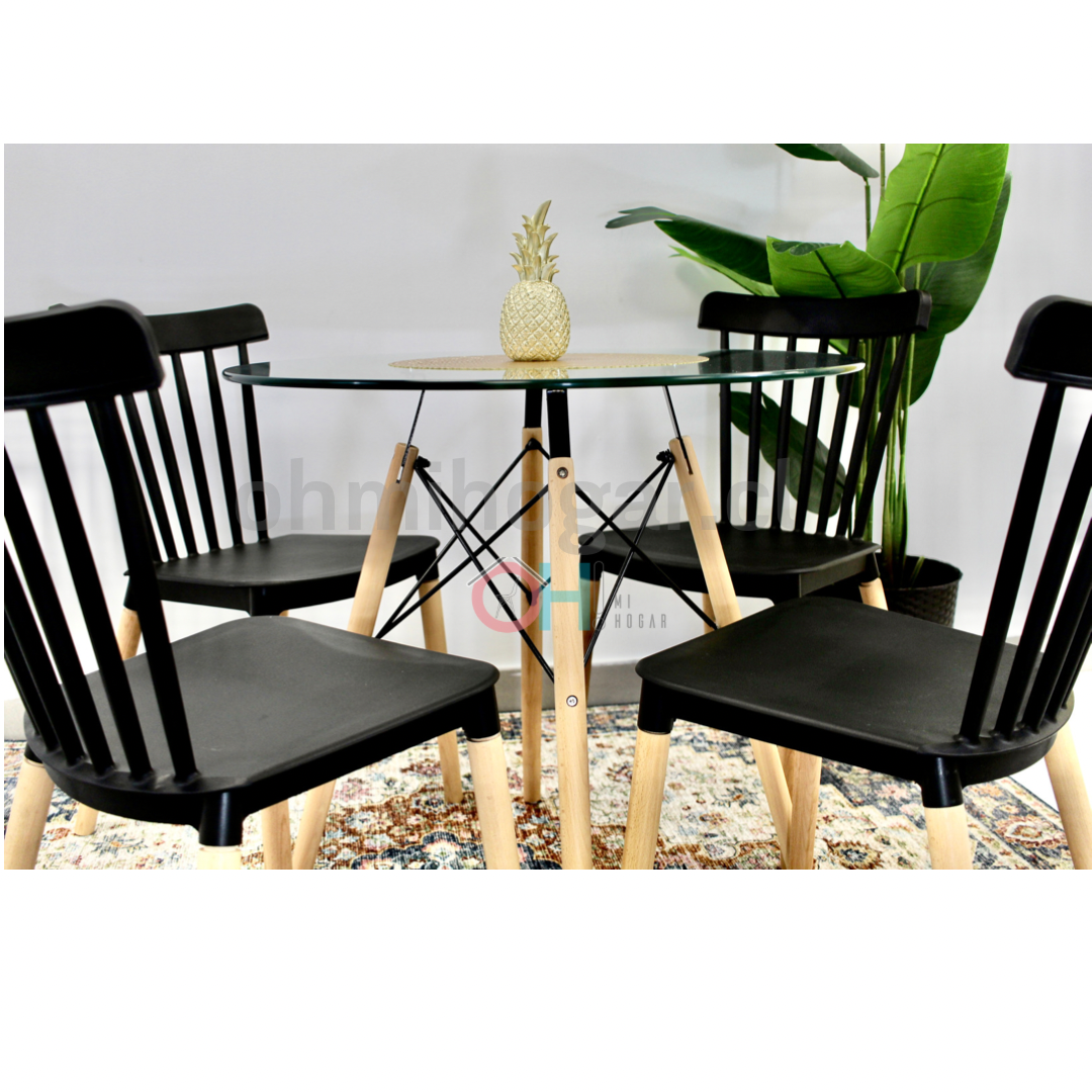 Comedor Redondo de Vidrio de 80cm + 4 Sillas Windsor Negro -2