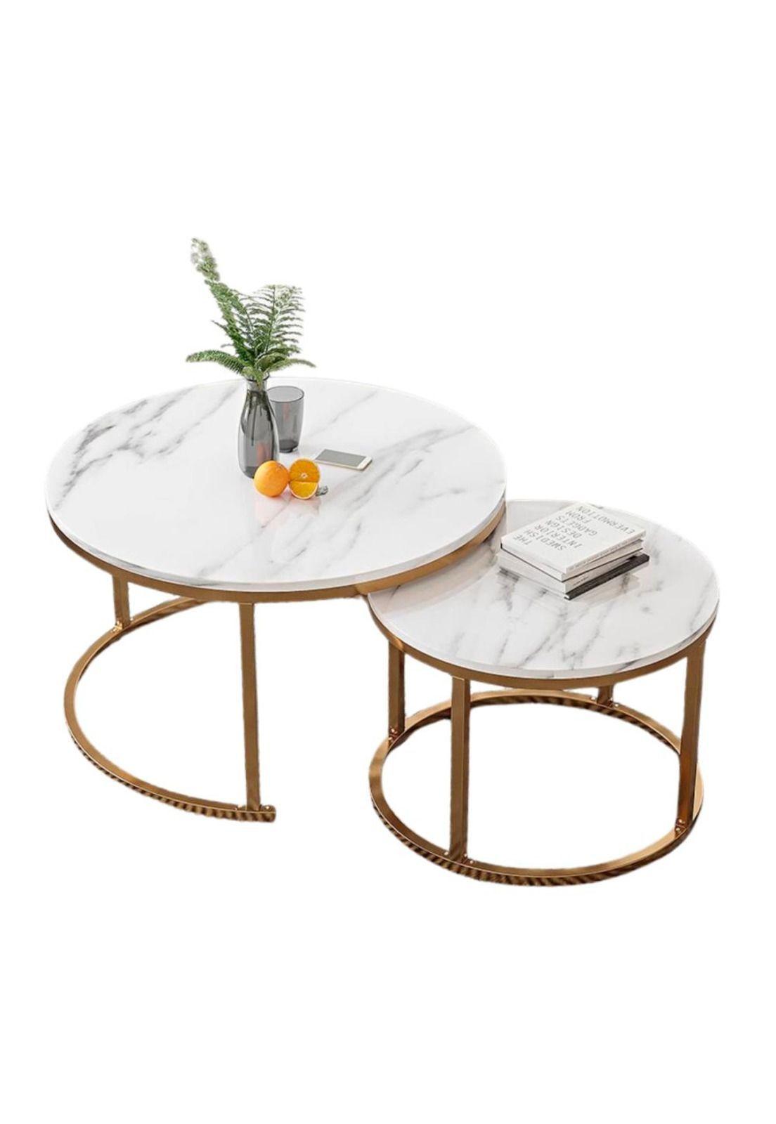 Juego Mesa De Centro Redonda Diseño Mármol ChicHome Blanco-0