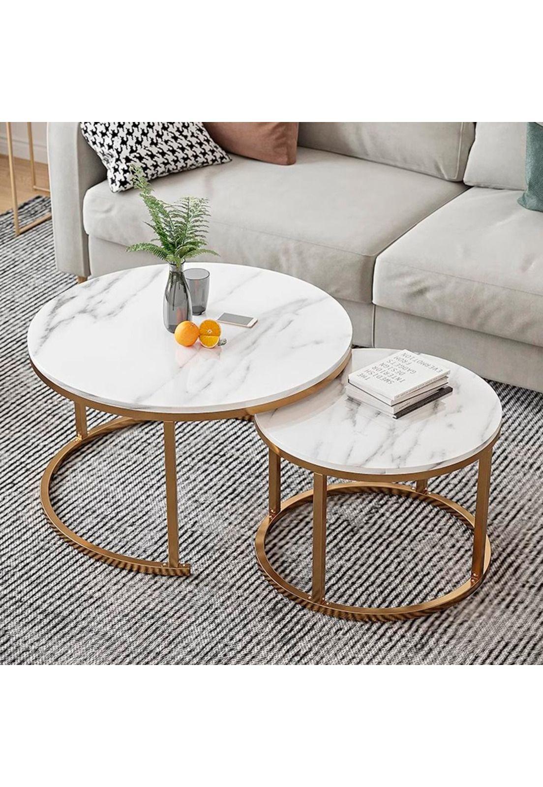 Juego Mesa De Centro Redonda Diseño Mármol ChicHome Blanco-1