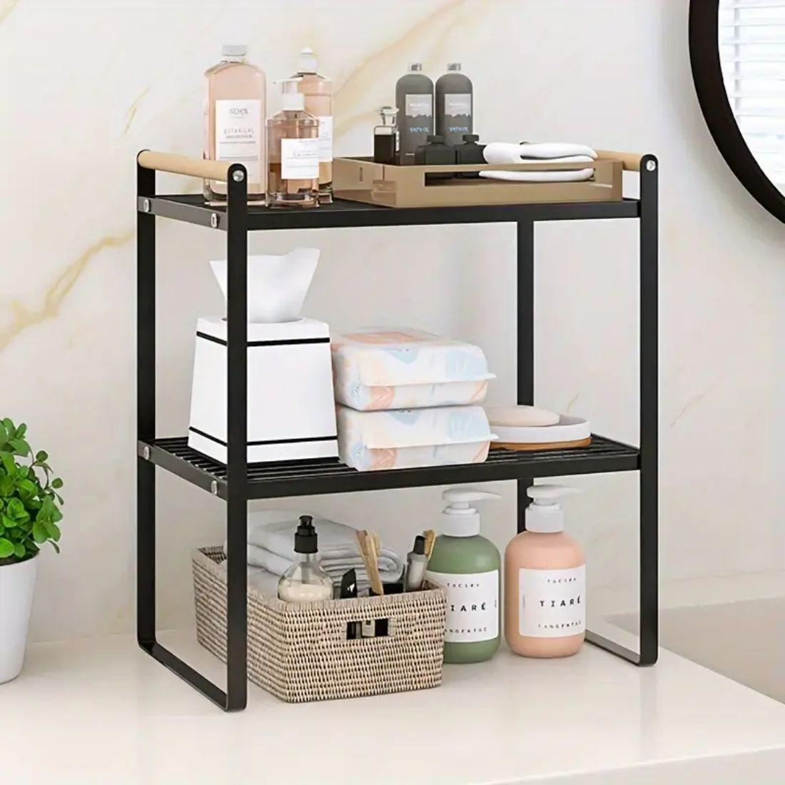 Repisa organizadora 2 niveles de acero y madera 34 cm estante multiuso estilo n rdico-2