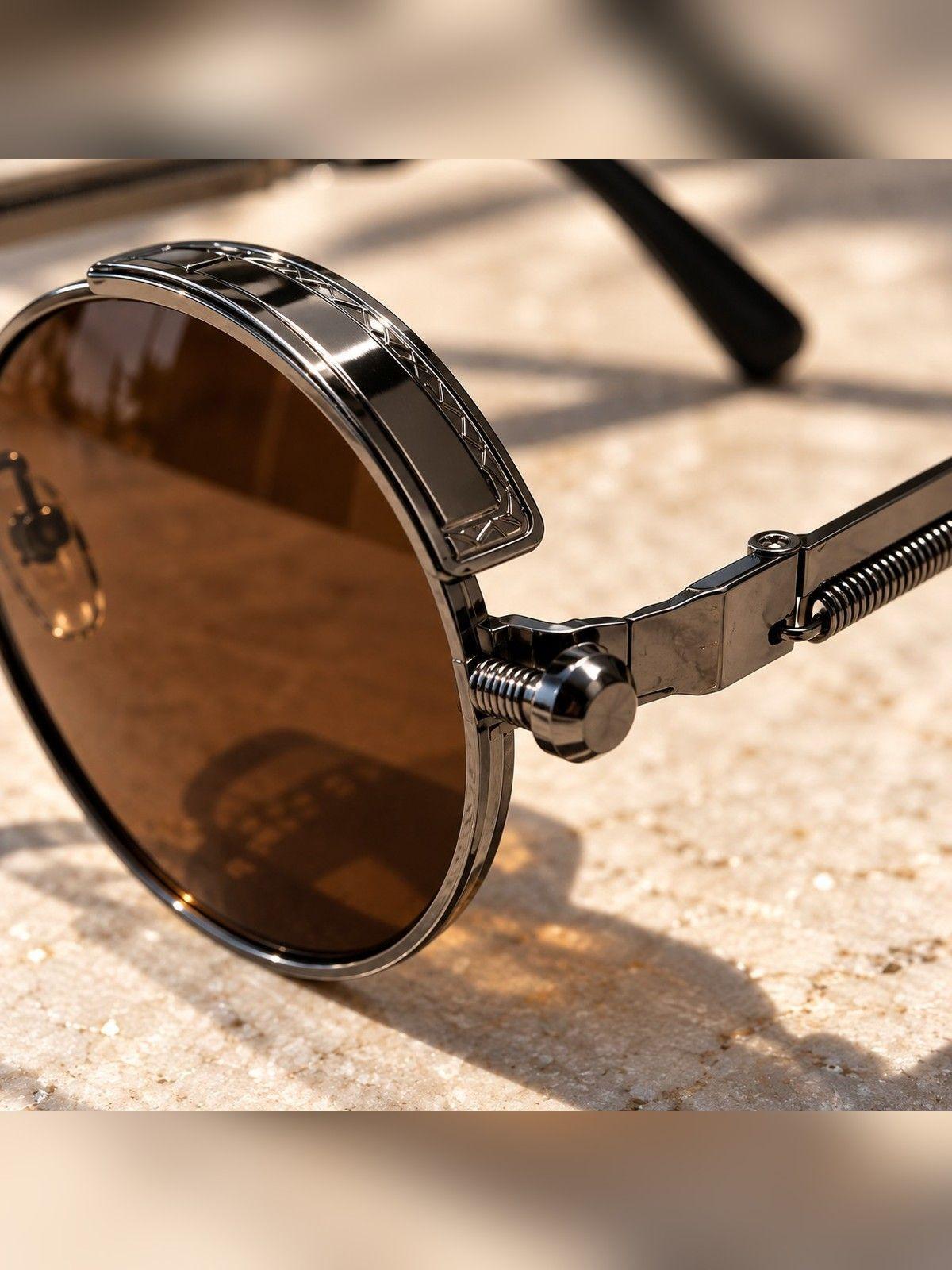 Lentes De Sol Redondos Retro UV400 Cafe Armazon Metalico Ropa Lisa-2