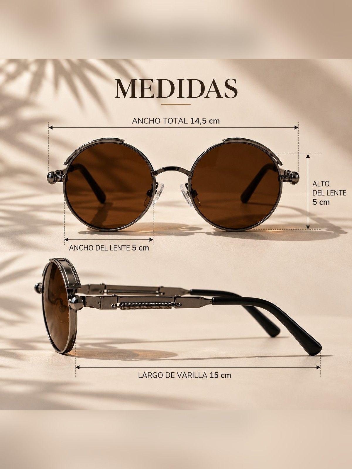 Lentes De Sol Redondos Retro UV400 Cafe Armazon Metalico Ropa Lisa-6