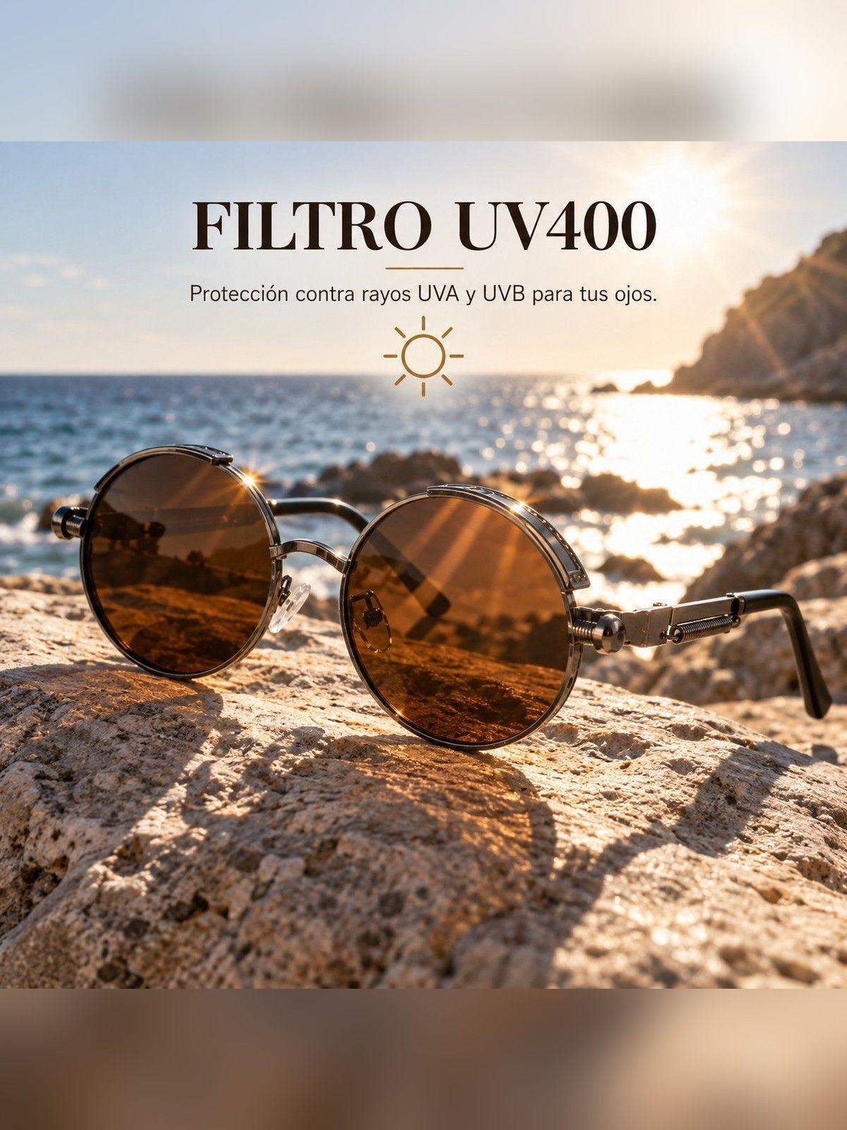 Lentes De Sol Redondos Retro UV400 Cafe Armazon Metalico Ropa Lisa-9