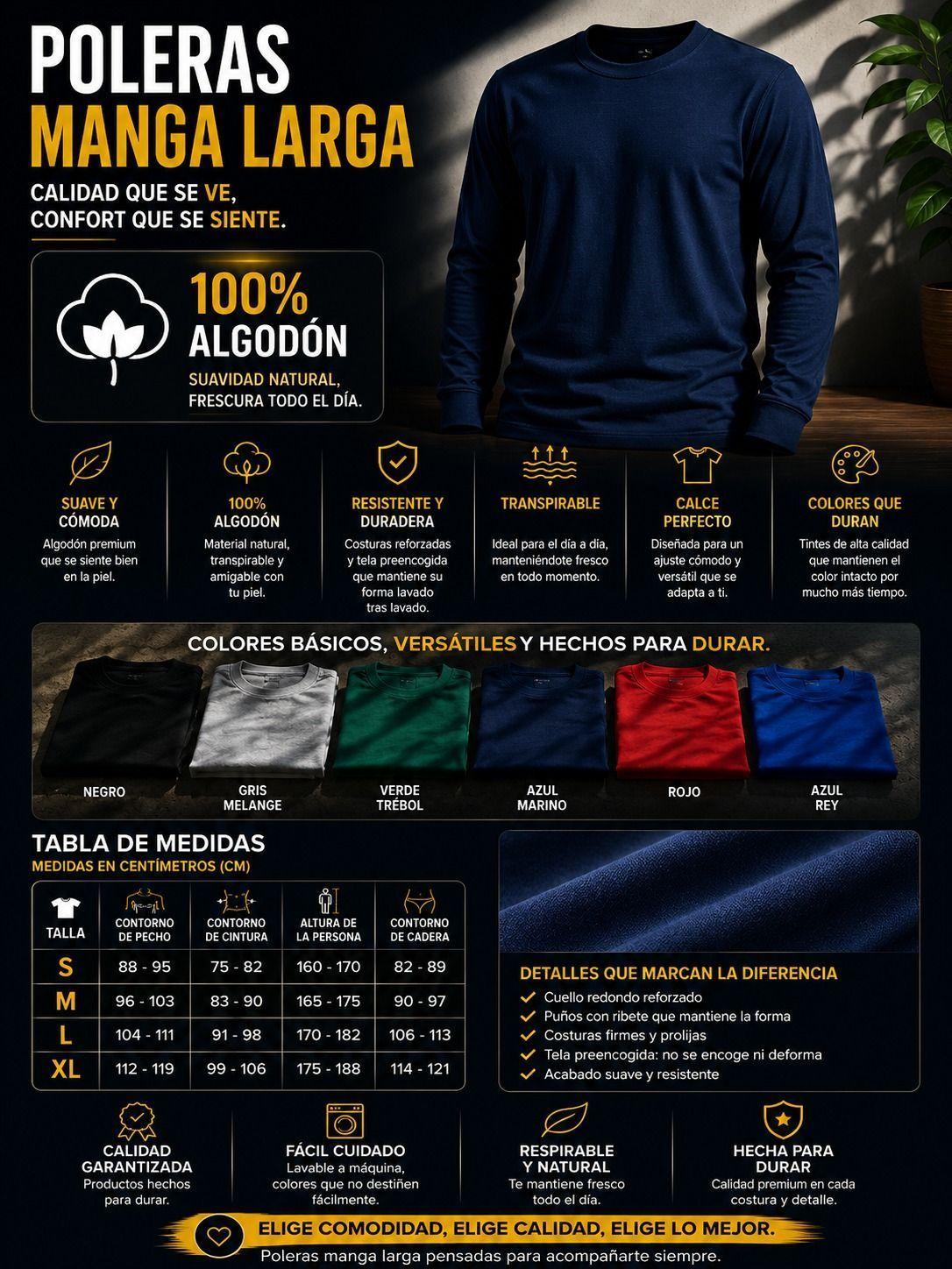 Polera Manga Larga 220Gr Cuello Redondo 100 Algod n-6
