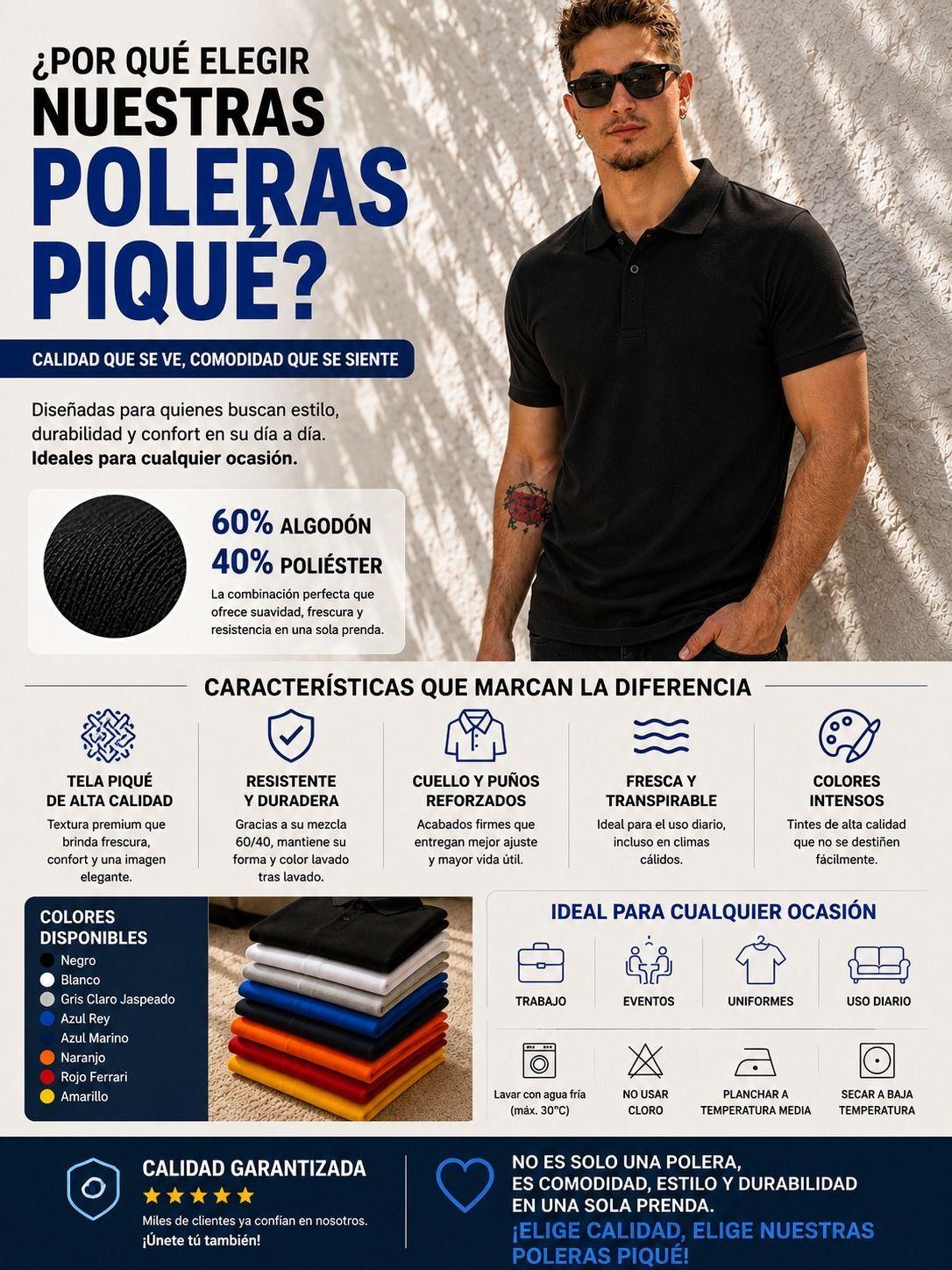 Polera Pique polo Basica Hombre 100 Algodon Manga Corta 240g m-3