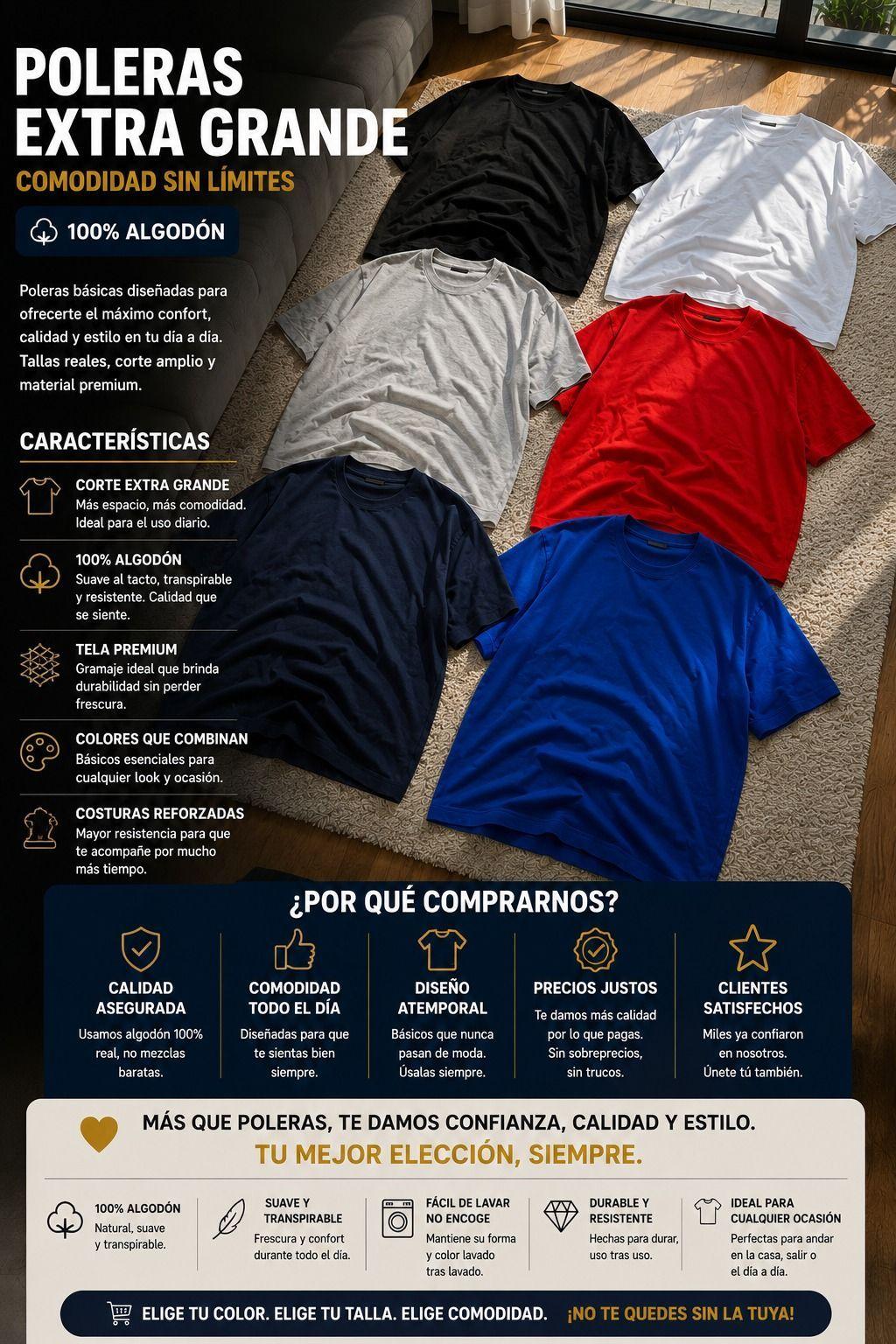 Polera Cuello Redondo 250gr Premium Tallas Extra Grandes Algod n-4