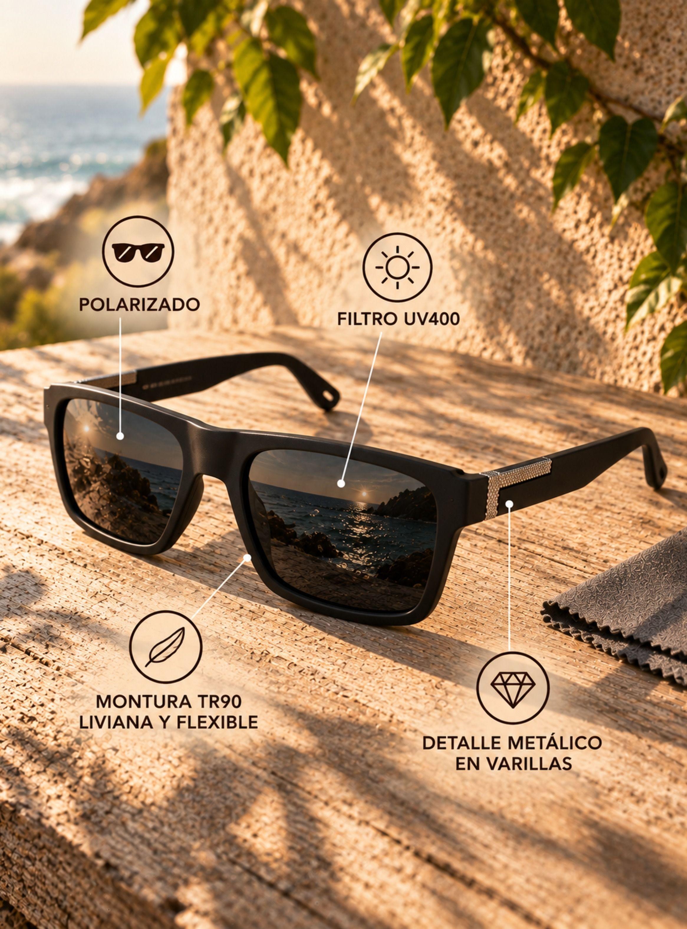 Lentes De Sol Polarizados Rectangulares UV400 Negro Hombre-3