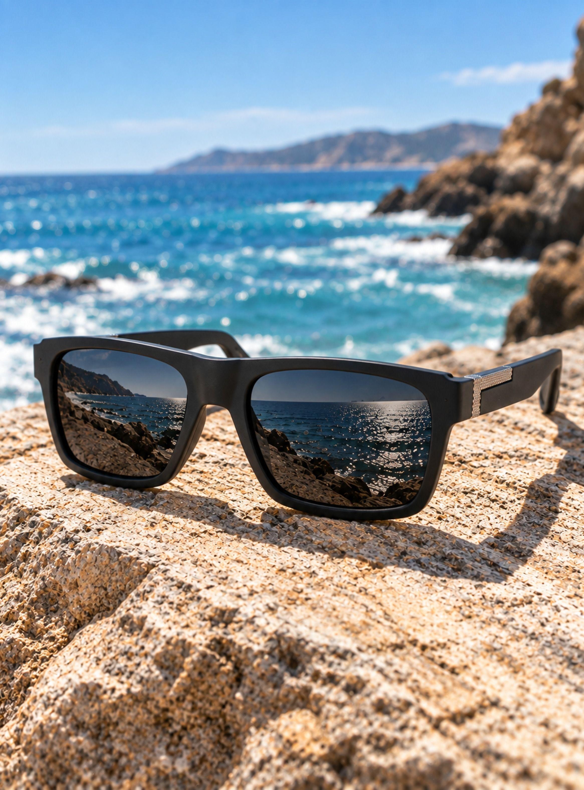 Lentes De Sol Polarizados Rectangulares UV400 Negro Hombre-8