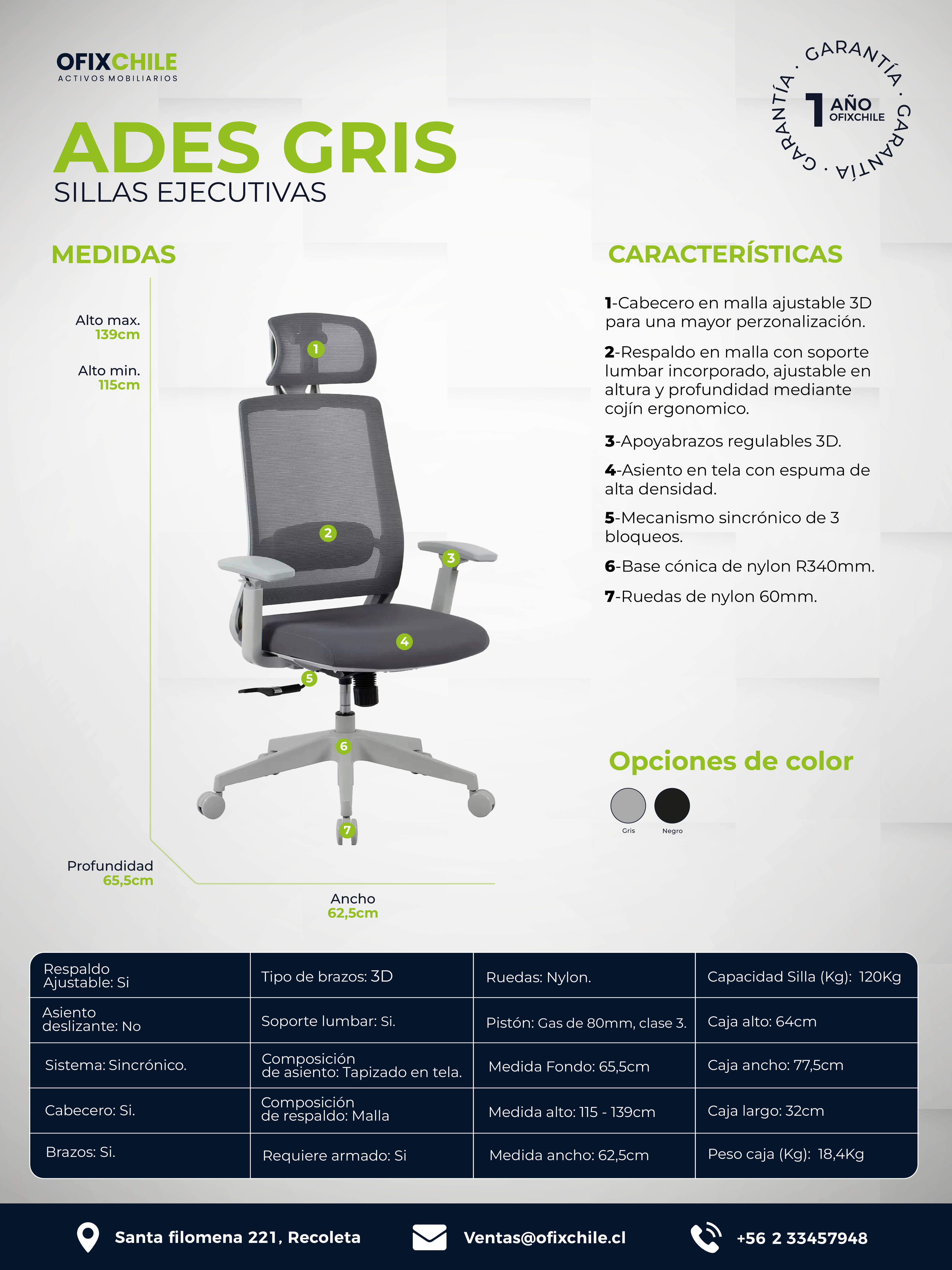 Silla De Escritorio Ergonómica Ades Sop Lumbar Ajust C/cabecero Oficina Ejecutiva Ofix-5