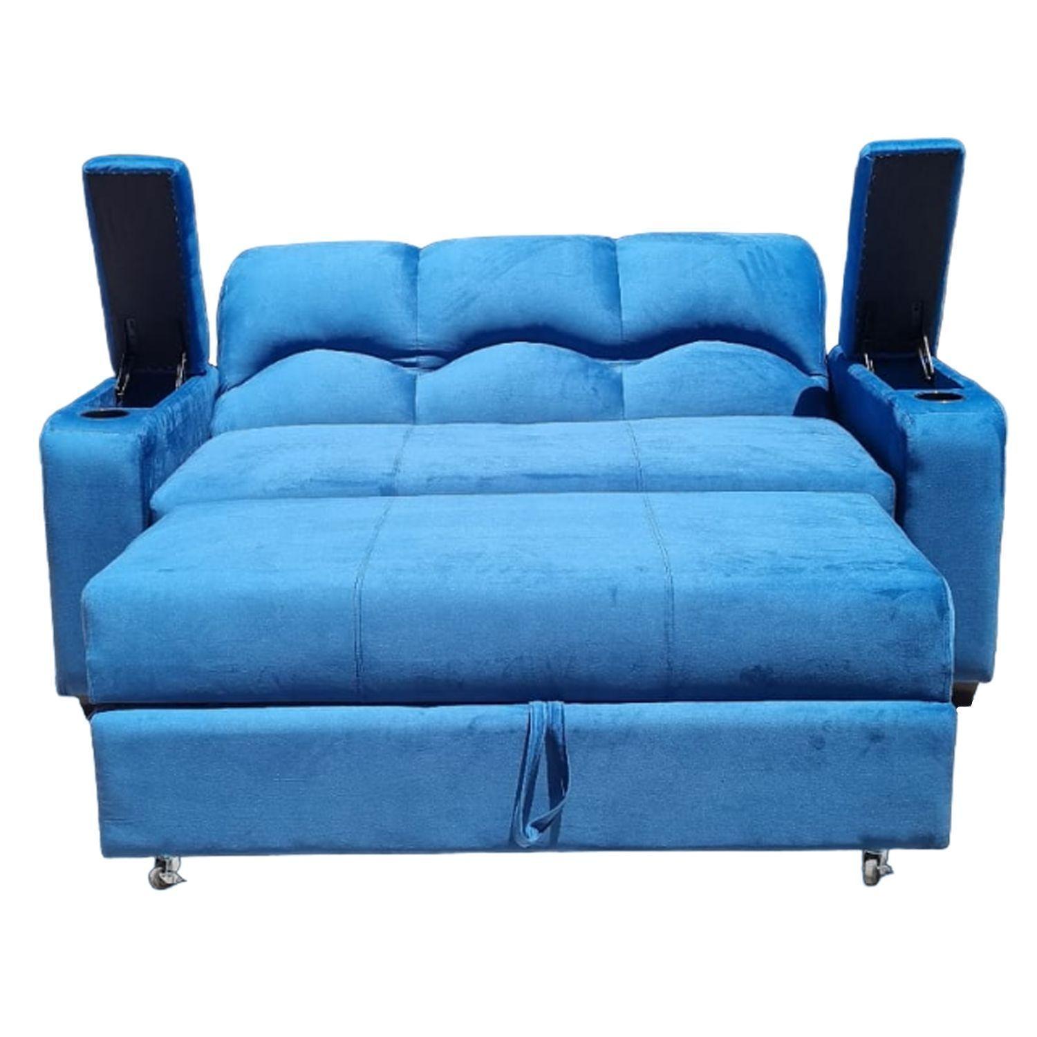 SOFA CAMA FUNCIONAL 2 PZ DECO FELPA AZUL PETROLEO Con posavaso-2