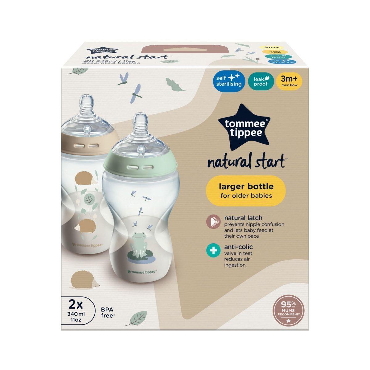Set 2 mamaderas 340ml flujo medio 3 meses+ Natural Start diseño ranitas-1