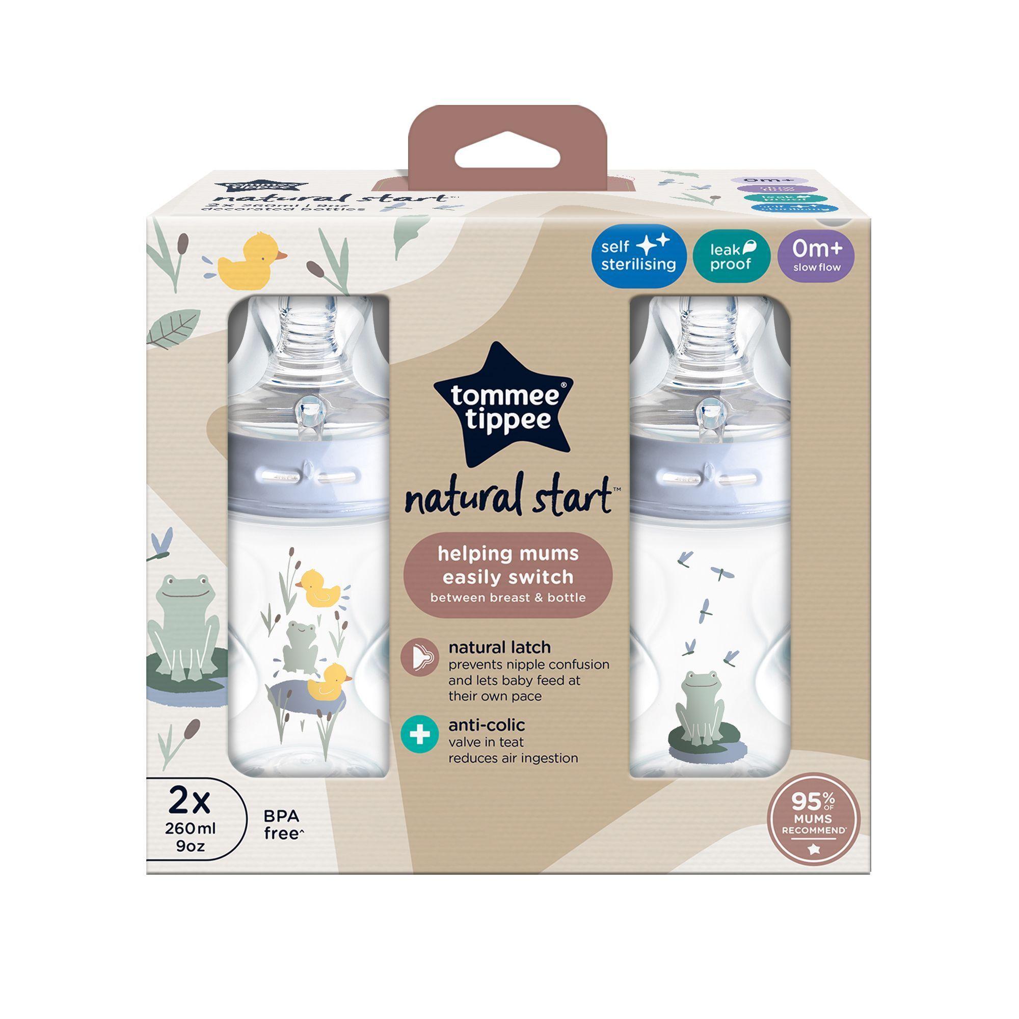 Set 2 mamaderas 260ml flujo lento 0 meses+ Natural Start diseño ranitas-1