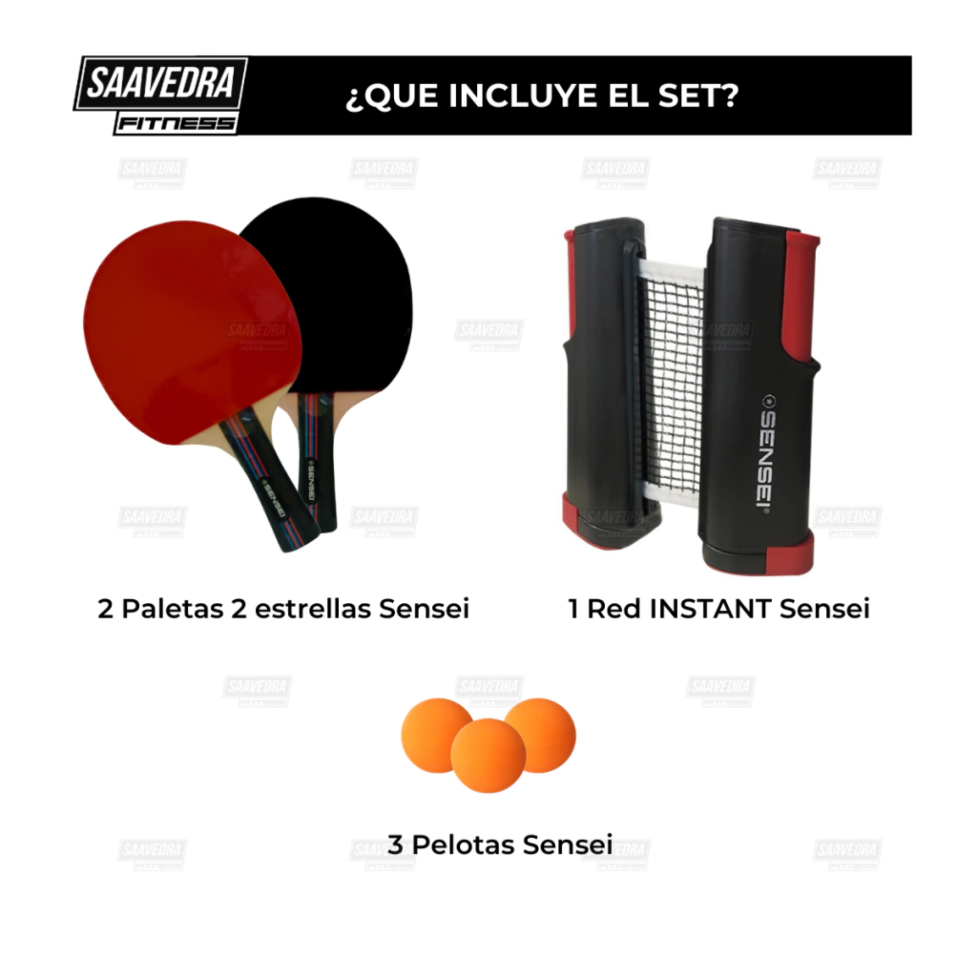 Set Ping Pong 2 Paletas+red Retráctil+3 Pelotas Sensei-2