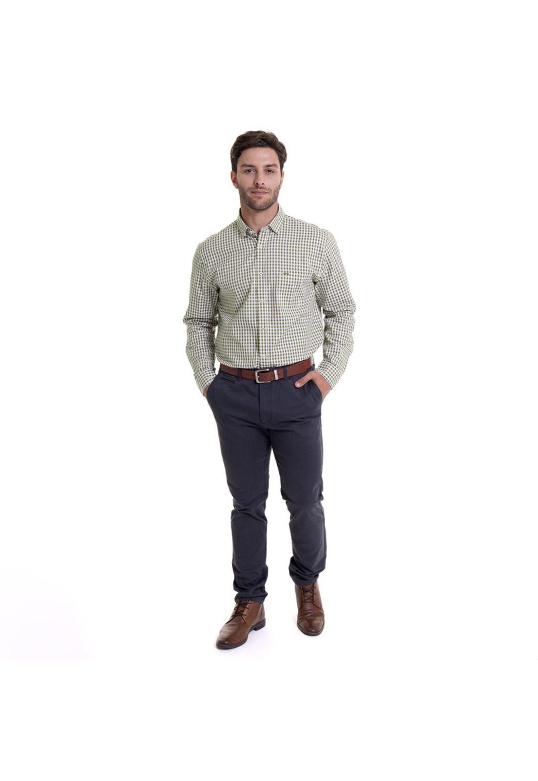Camisa Cuadrillé Manga Larga Regular Fit Oliva Claro Hombre Algodon-2