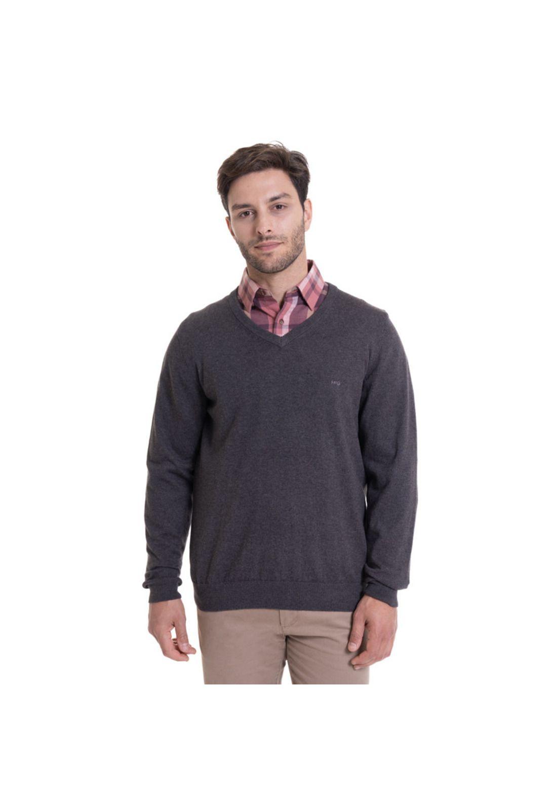 Sweater Cuello V Melange Gris Oscuro-0
