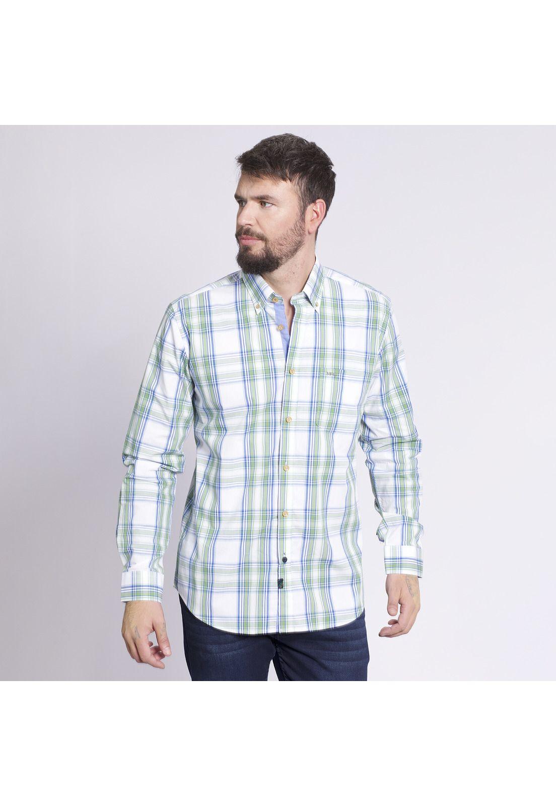 Camisa Manga Larga Escocesa Regular Fit Algodón Blanco invierno-1