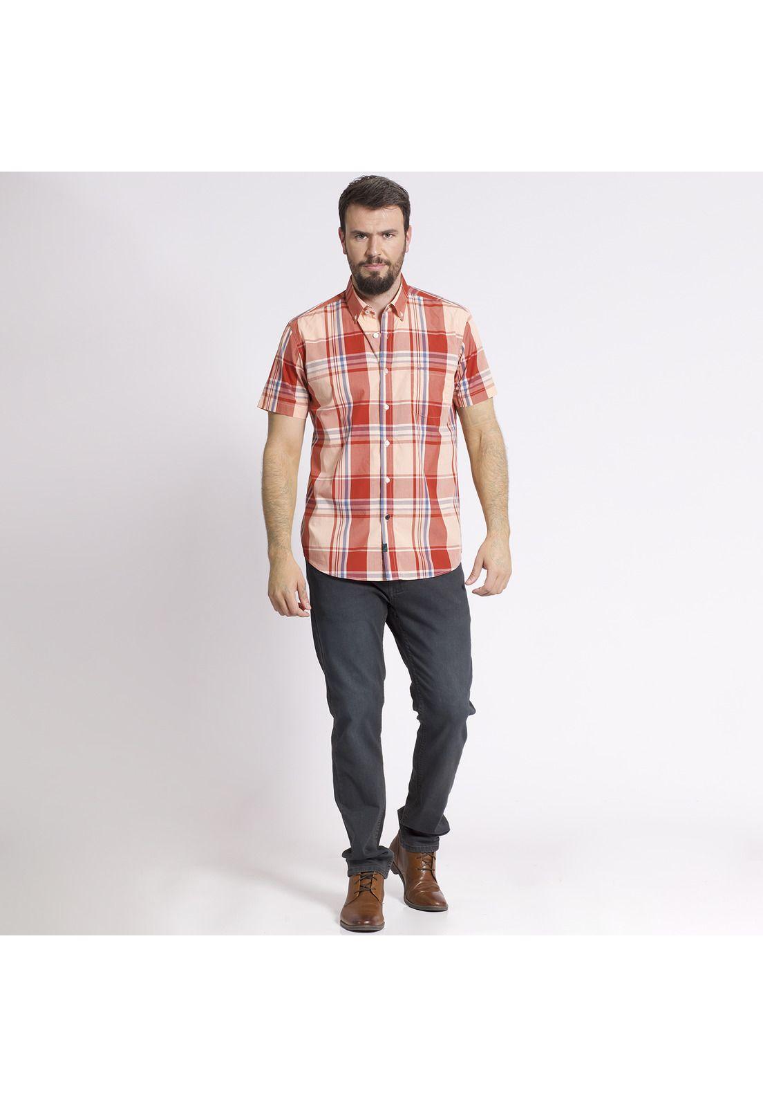 Camisa Manga Corta Escocesa Regular Fit Algodón Rojo-3