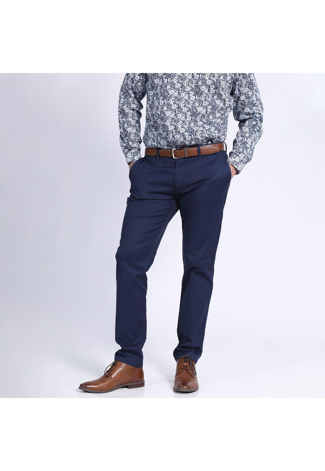 Pantalón Gabardina Spandex Frente Plano Slim Fit Azul marino-0