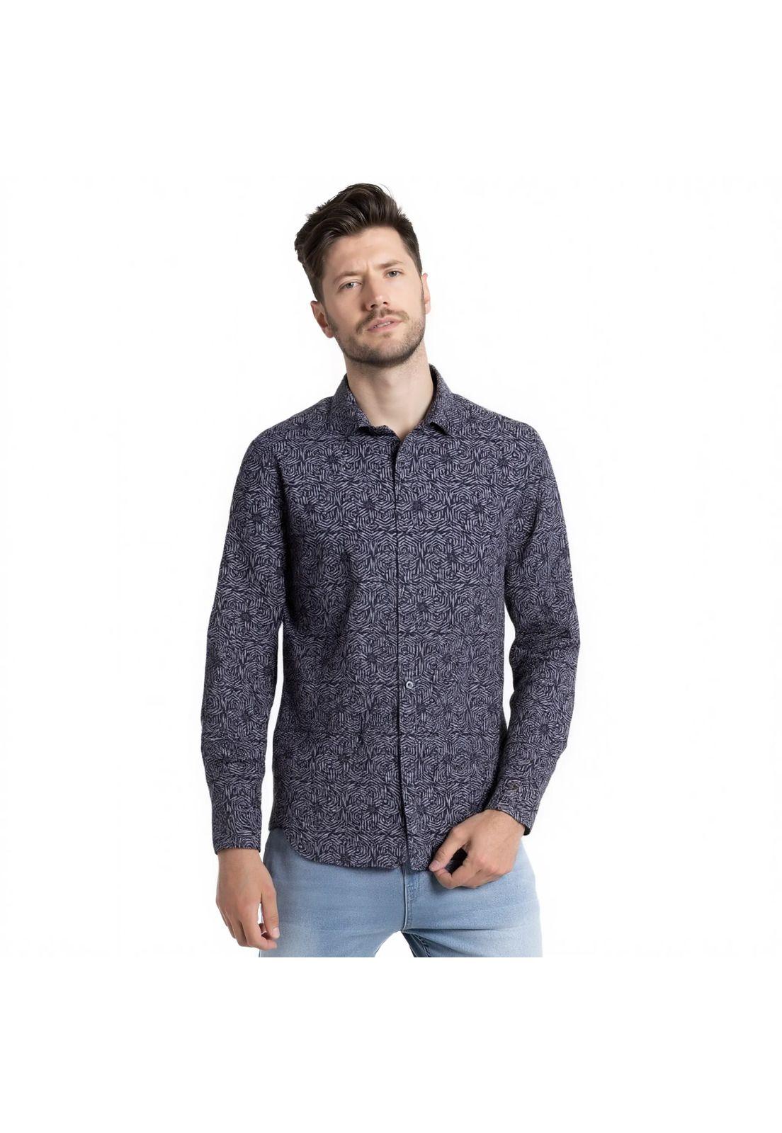 Camisa Estampada Hombre Azul Marino Algodon Manga Larga-0