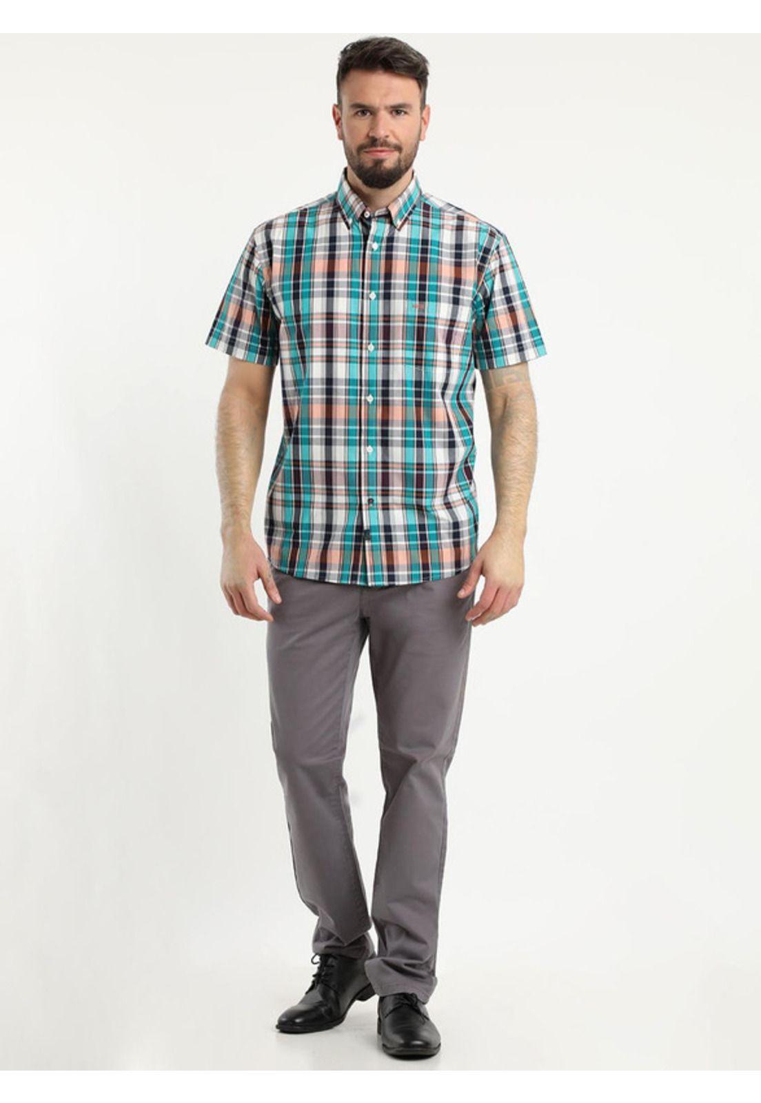 Camisa Manga Corta Escocesa Regular Fit Algodón Turquesa-0