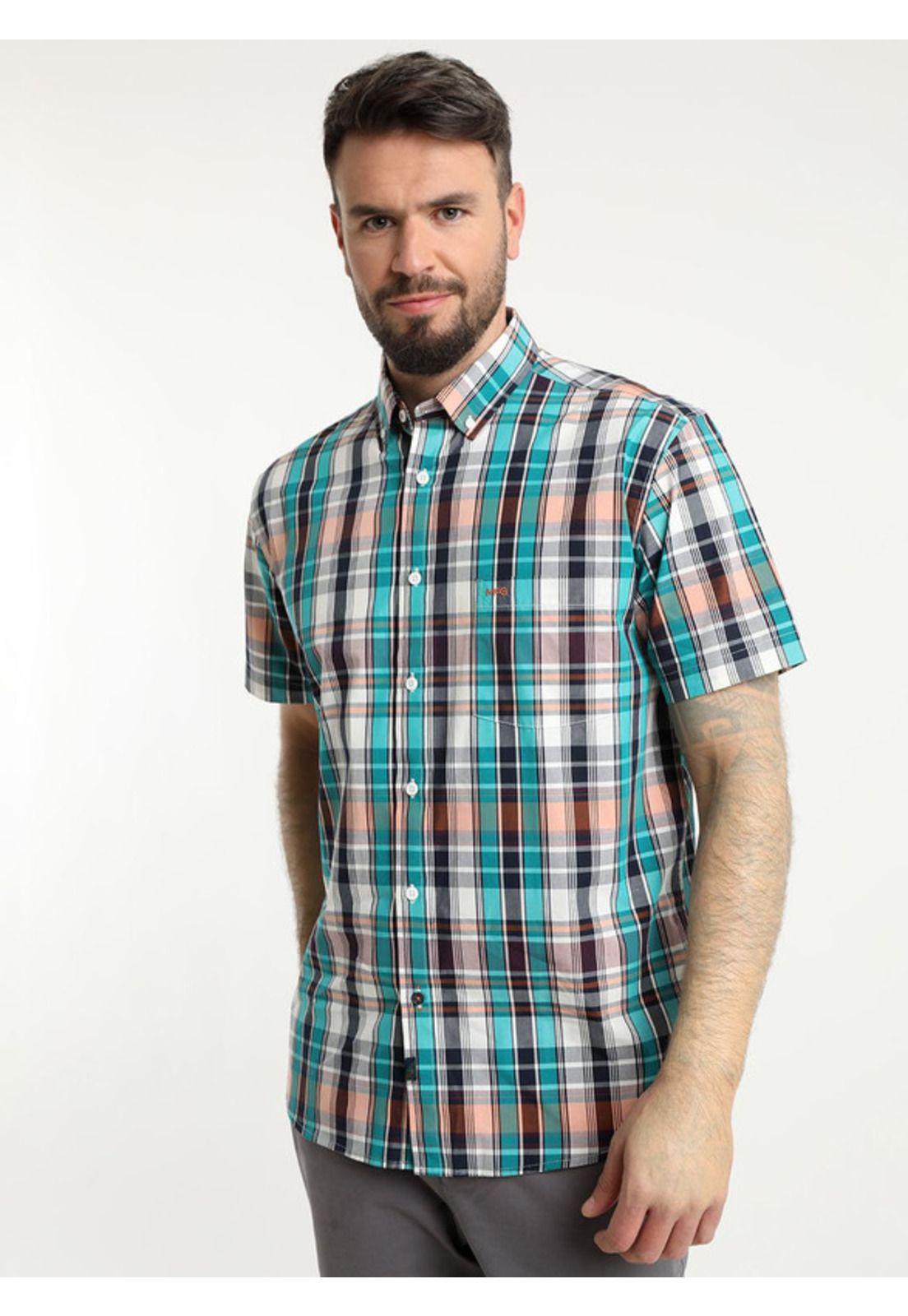 Camisa Manga Corta Escocesa Regular Fit Algodón Turquesa-2