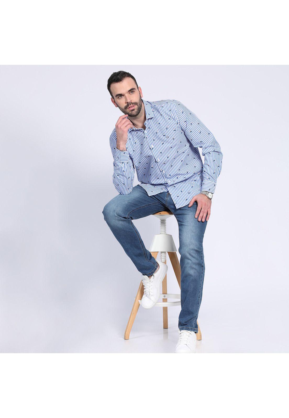 Camisa Listada Estampada Azul-2