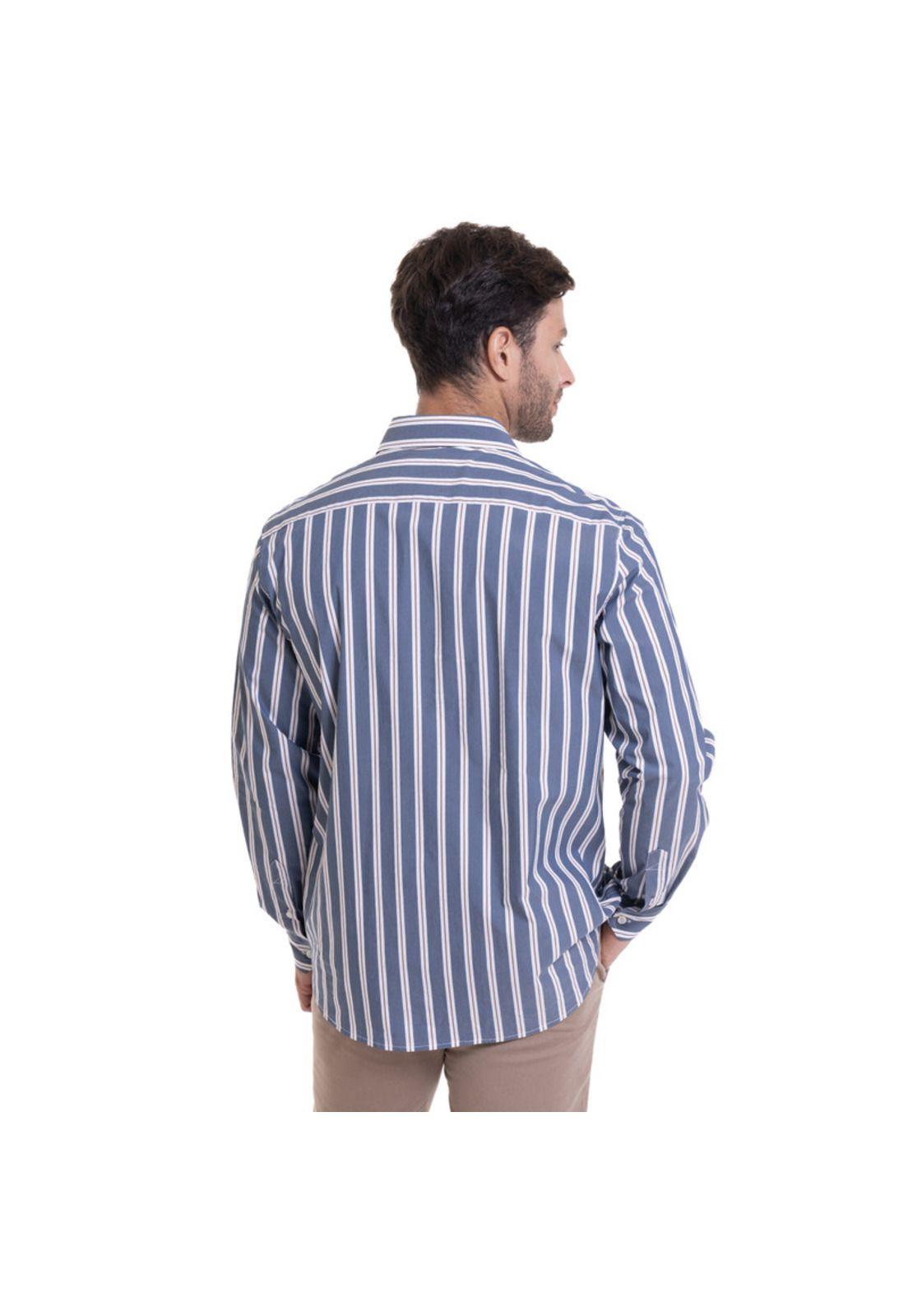 Camisa Rayas Hombre Manga Larga Comfort Fit Azul Melange-1