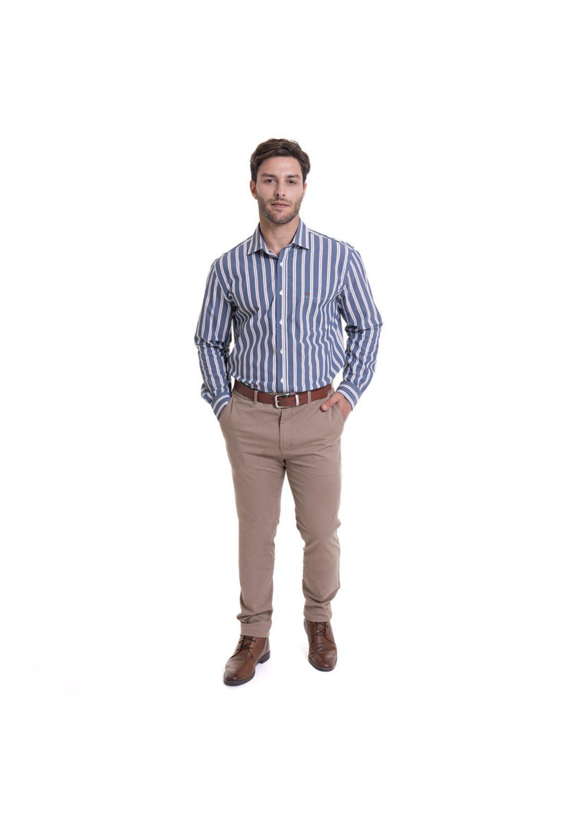 Camisa Rayas Hombre Manga Larga Comfort Fit Azul Melange-2