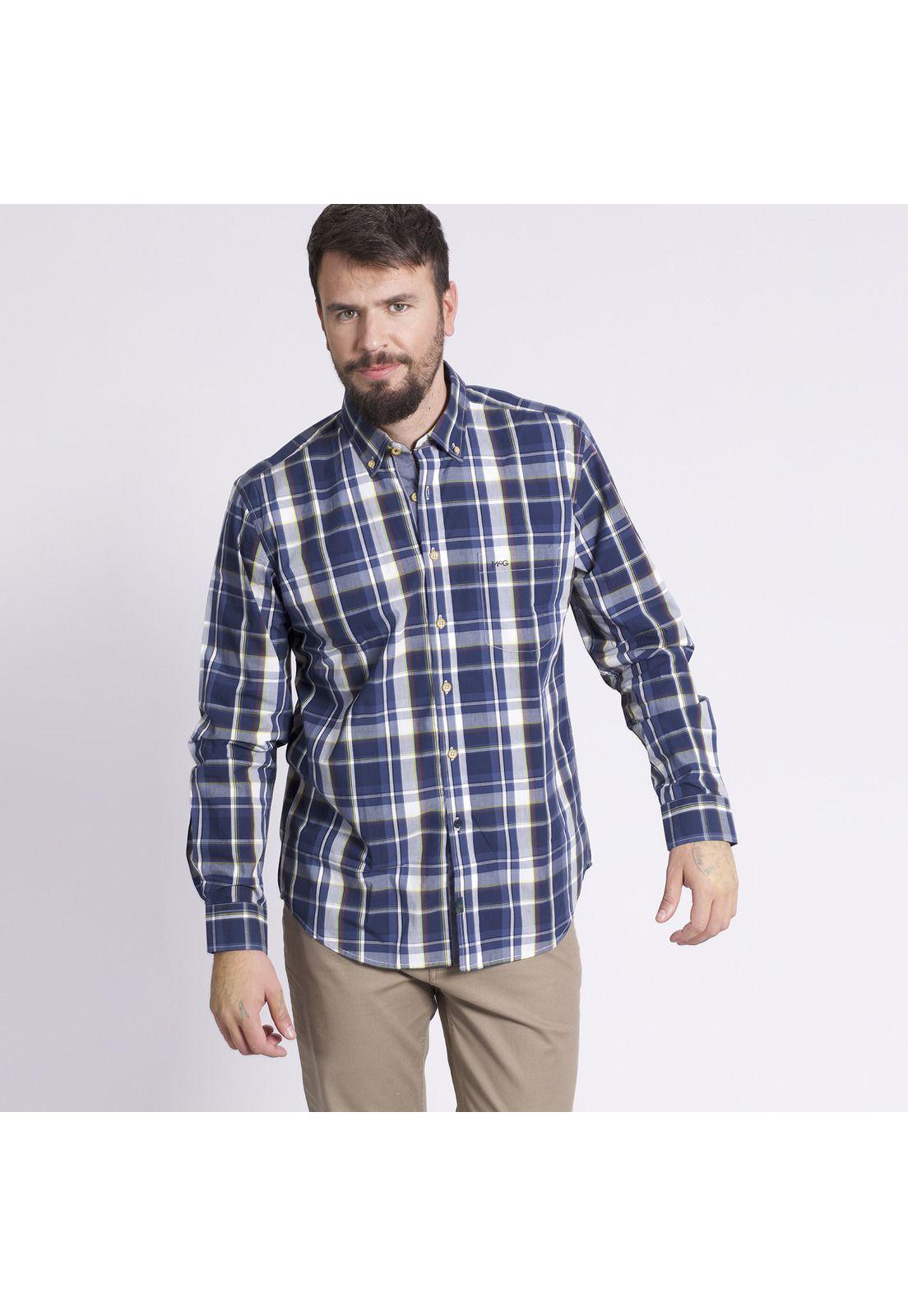 Camisa Manga Larga Escocesa Regular Fit Algodón Azul marino-1