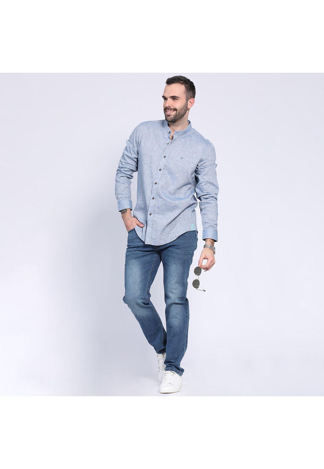 Camisa Lino Cuello Mao Azul marino-2