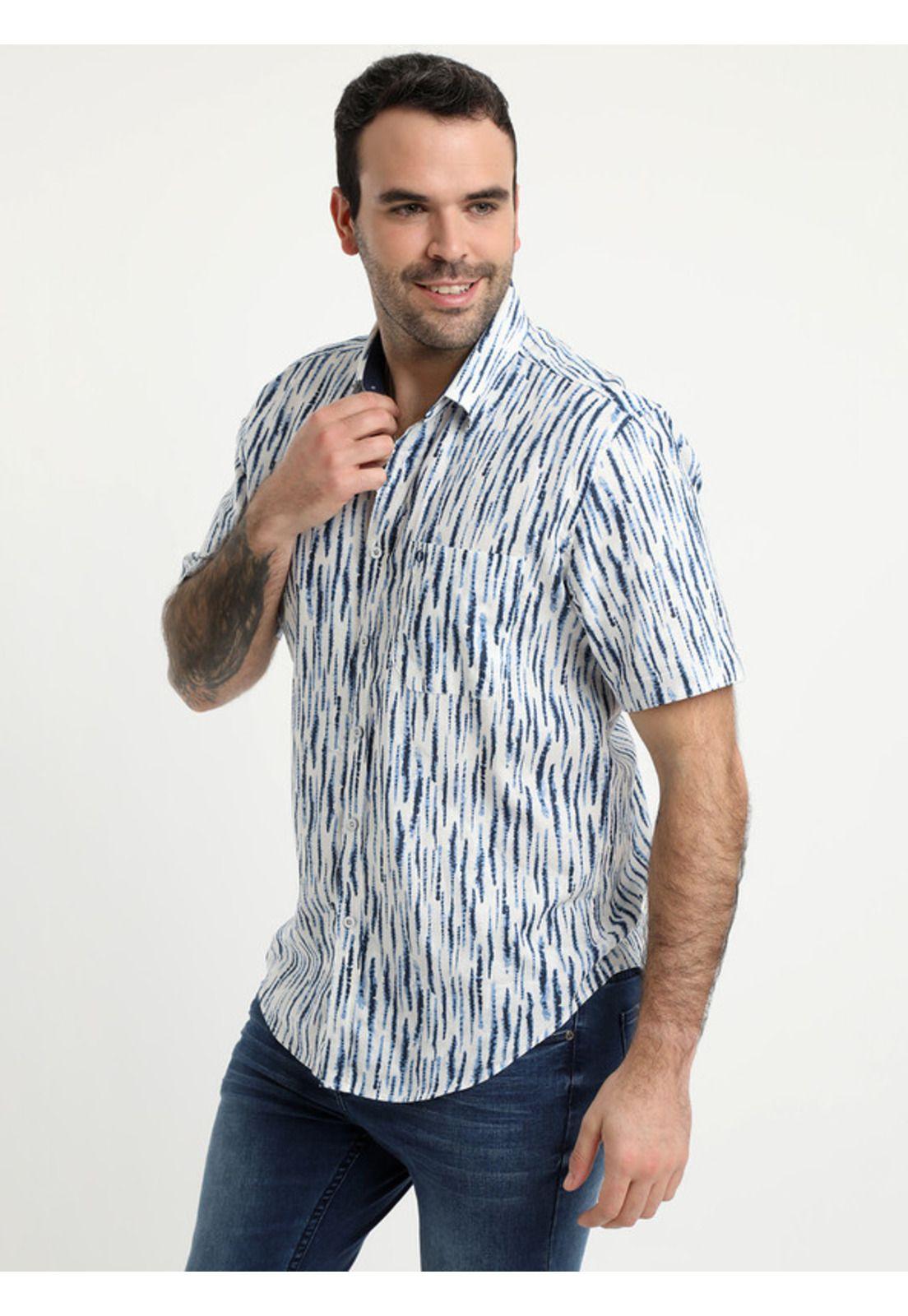 Camisa Lino Estampada Cuello Sport Azul marino-0