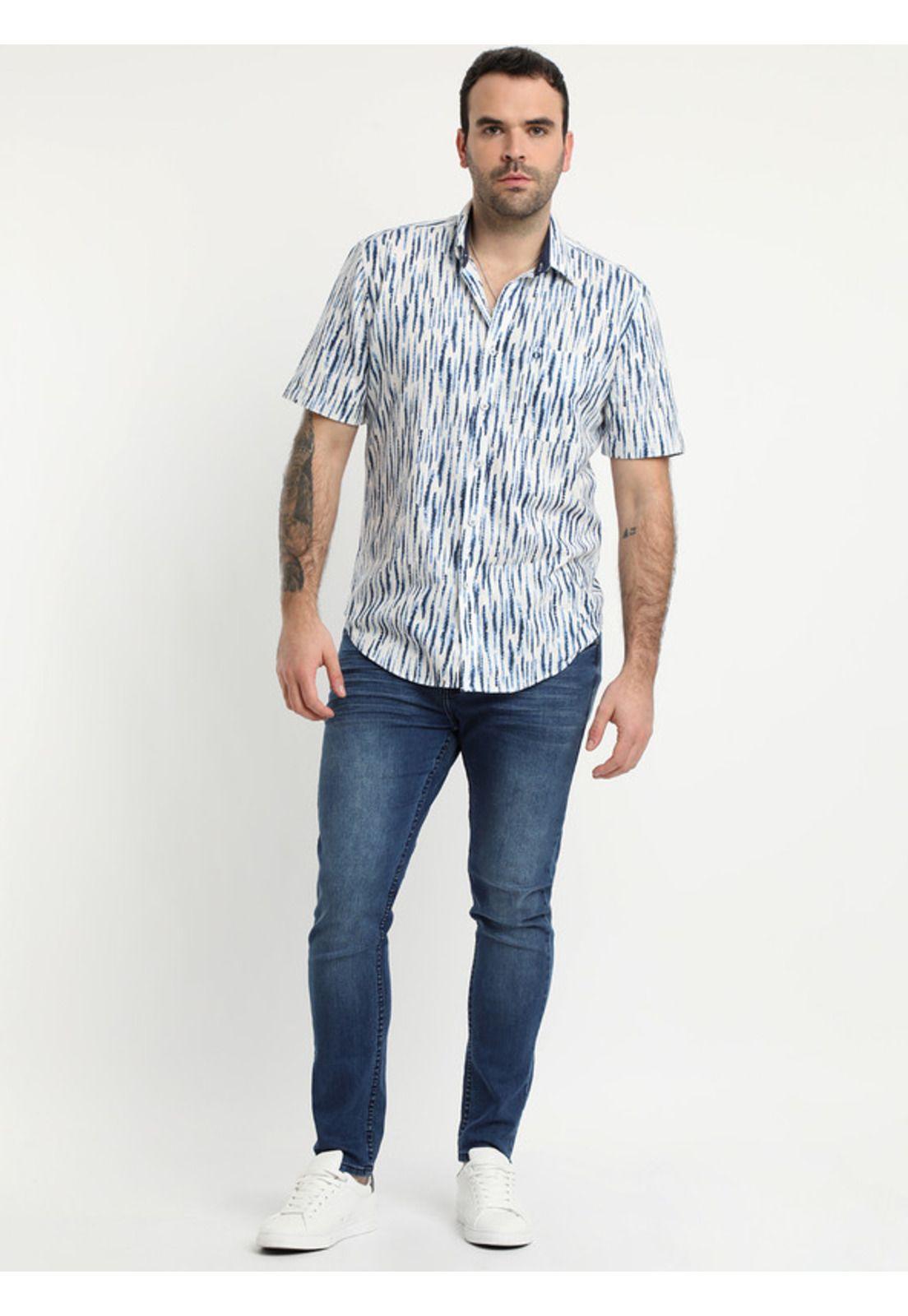 Camisa Lino Estampada Cuello Sport Azul marino-2