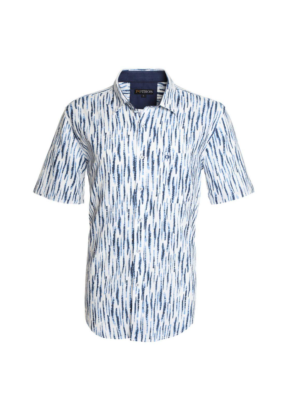 Camisa Lino Estampada Cuello Sport Azul marino-3