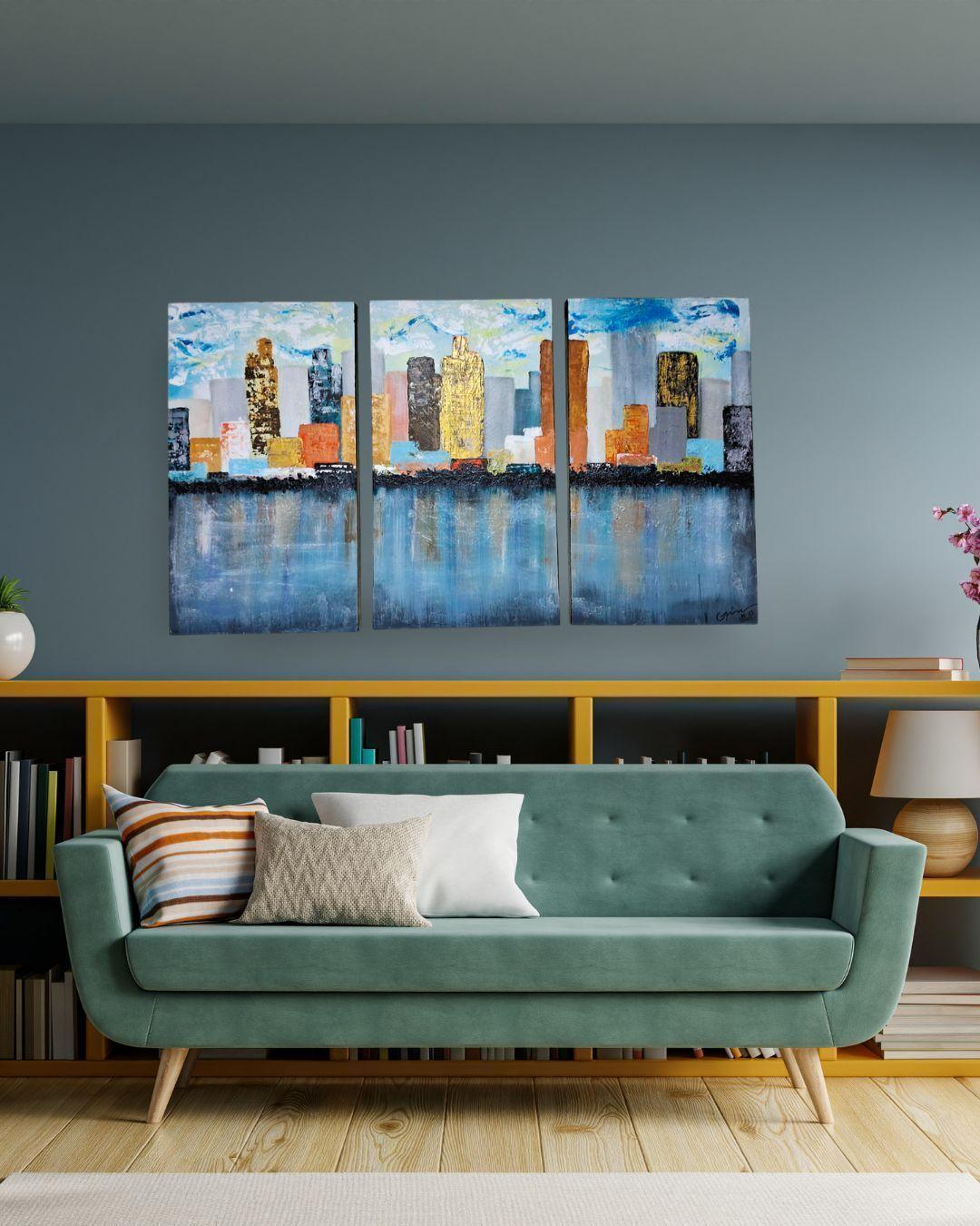 Cuadro Decorativo Ciudad Políptico 3 Piezas Tríptico Téc. Mixt con Relieve 135cm-0