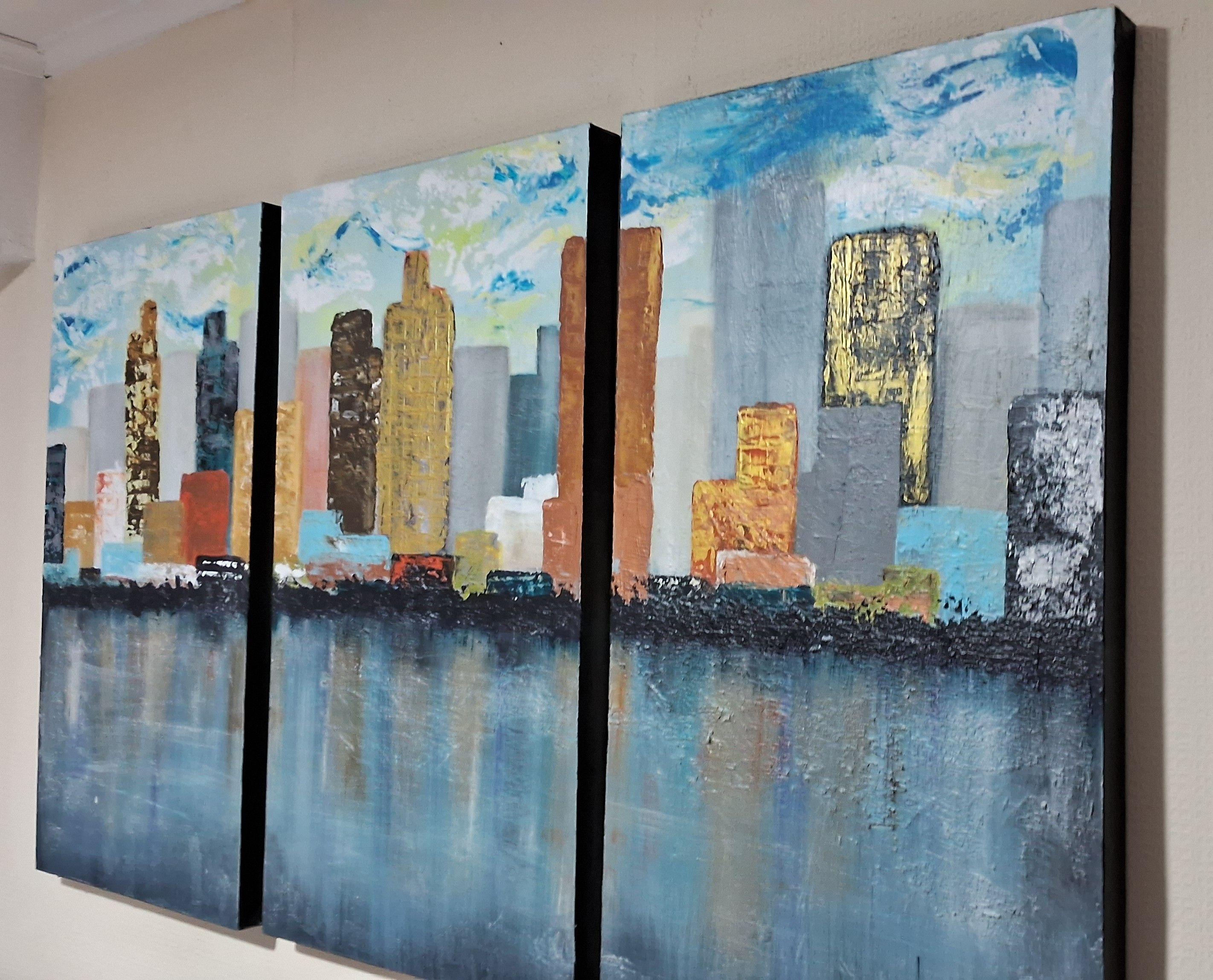 Cuadro Decorativo Ciudad Políptico 3 Piezas Tríptico Téc. Mixt con Relieve 135cm-2