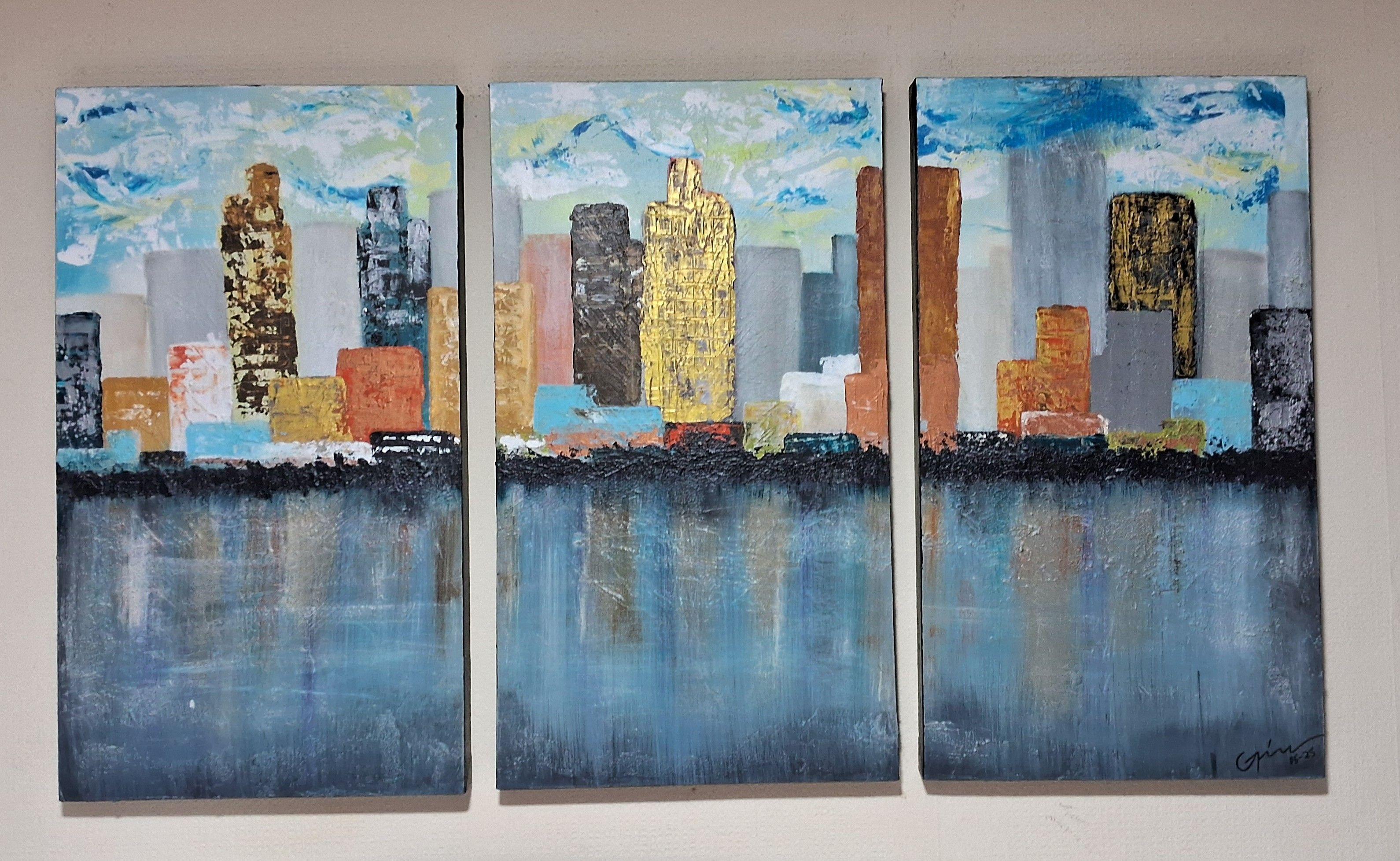 Cuadro Decorativo Ciudad Políptico 3 Piezas Tríptico Téc. Mixt con Relieve 135cm-3