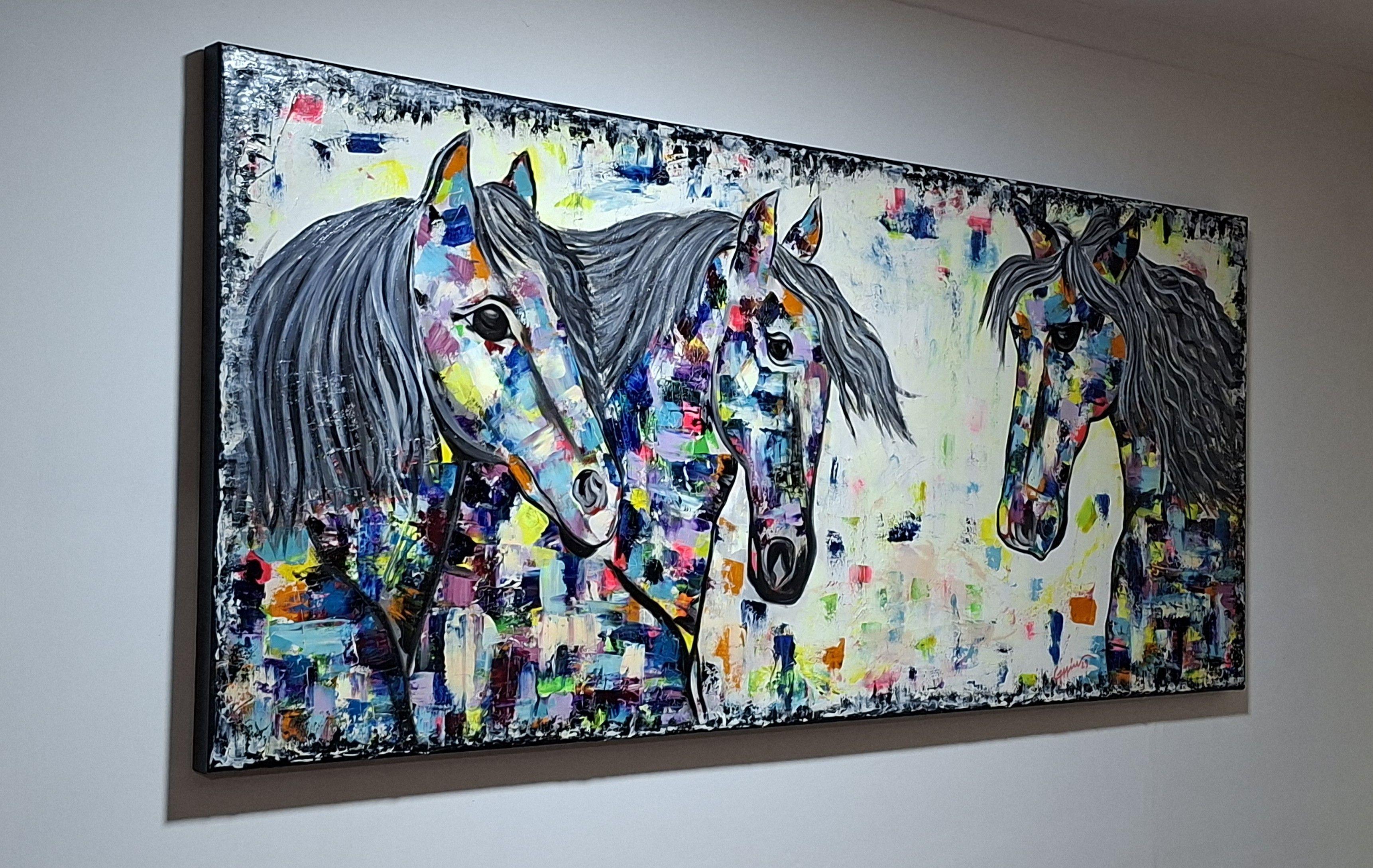 Cuadro Caballos Tribu Colors Óleo sobre Lienzo 60x140 cm GiuArts-0