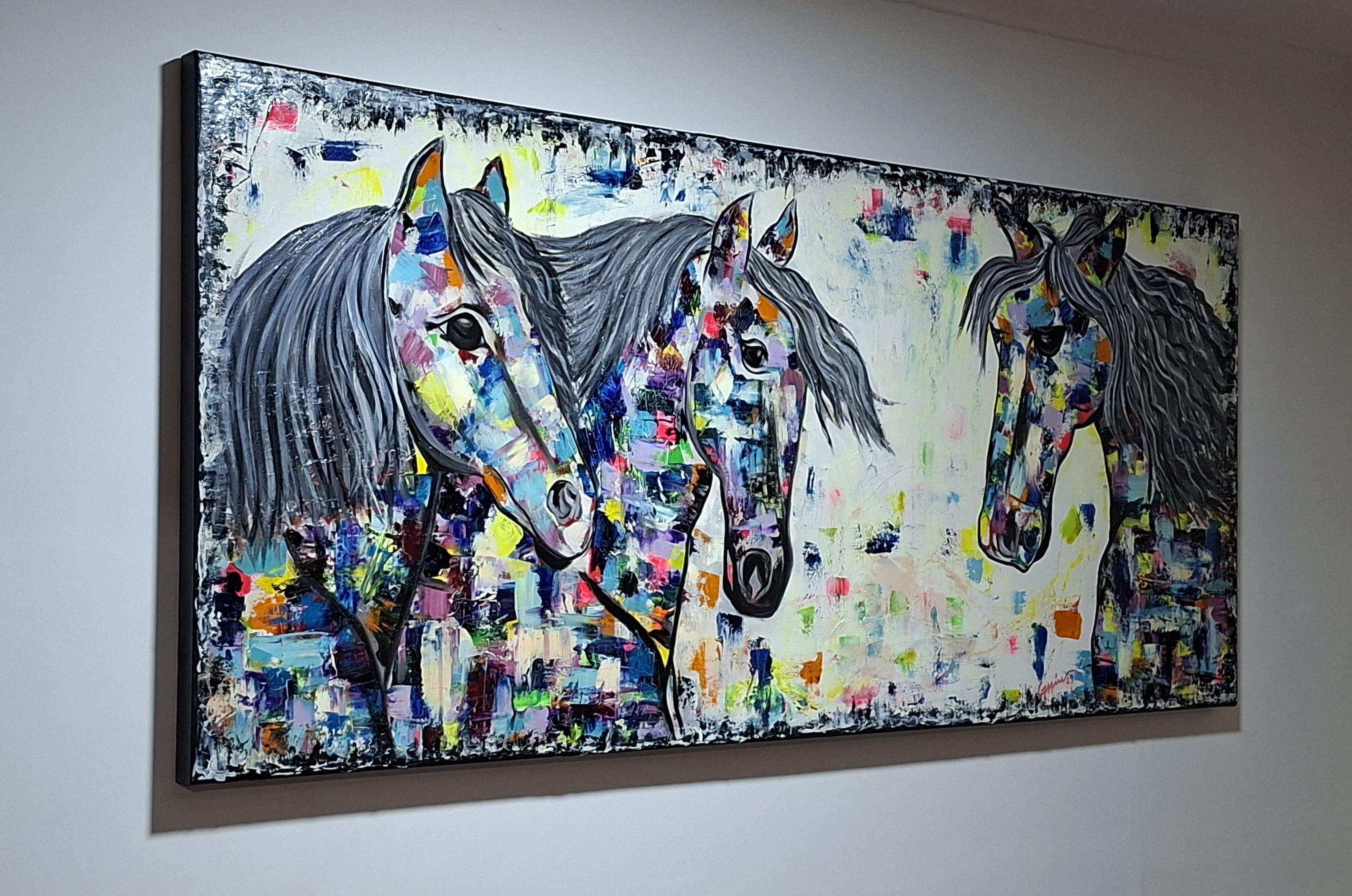 Cuadro Caballos Tribu Colors Óleo sobre Lienzo 60x140 cm GiuArts-2