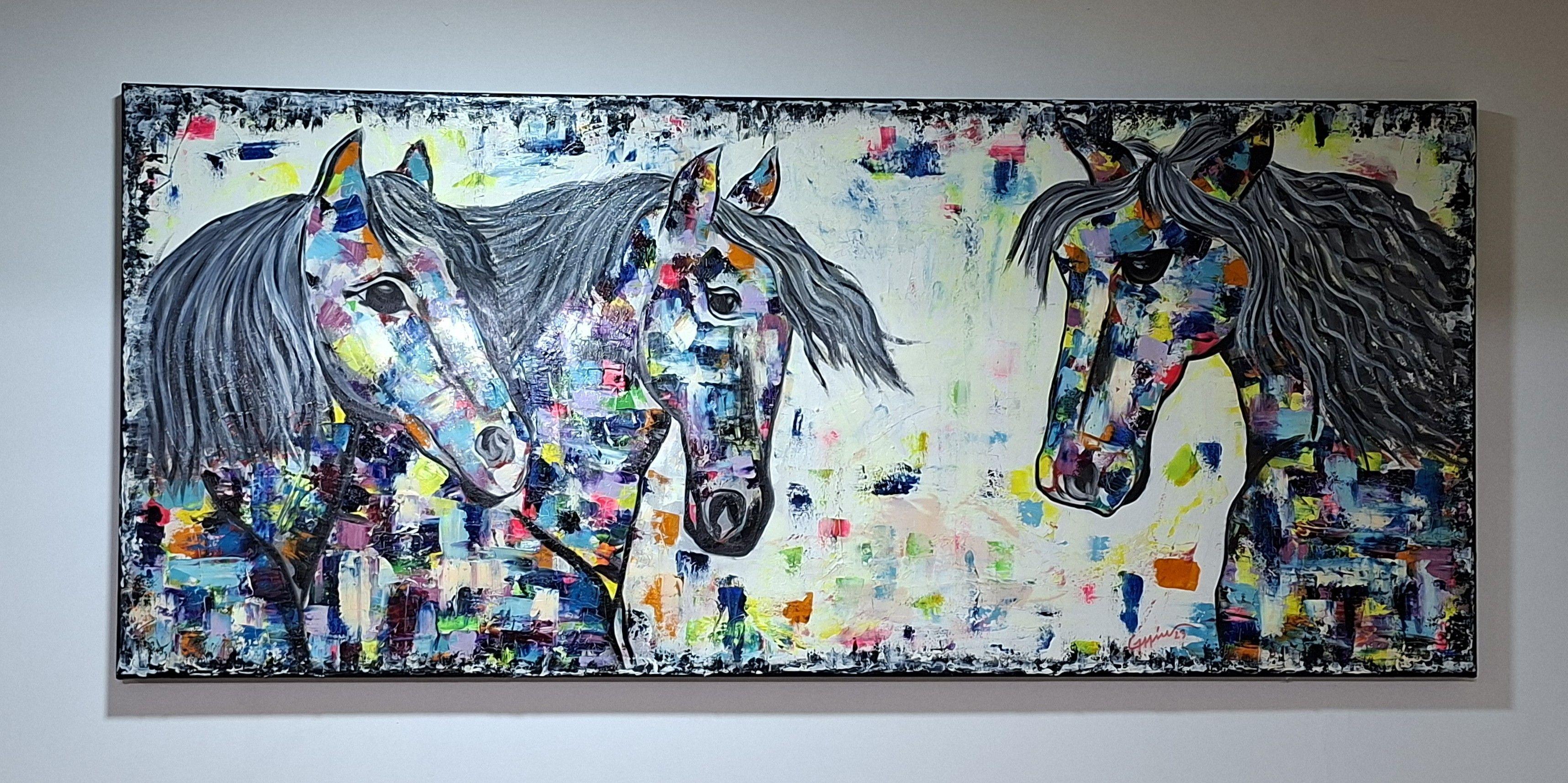 Cuadro Caballos Tribu Colors Óleo sobre Lienzo 60x140 cm GiuArts-3