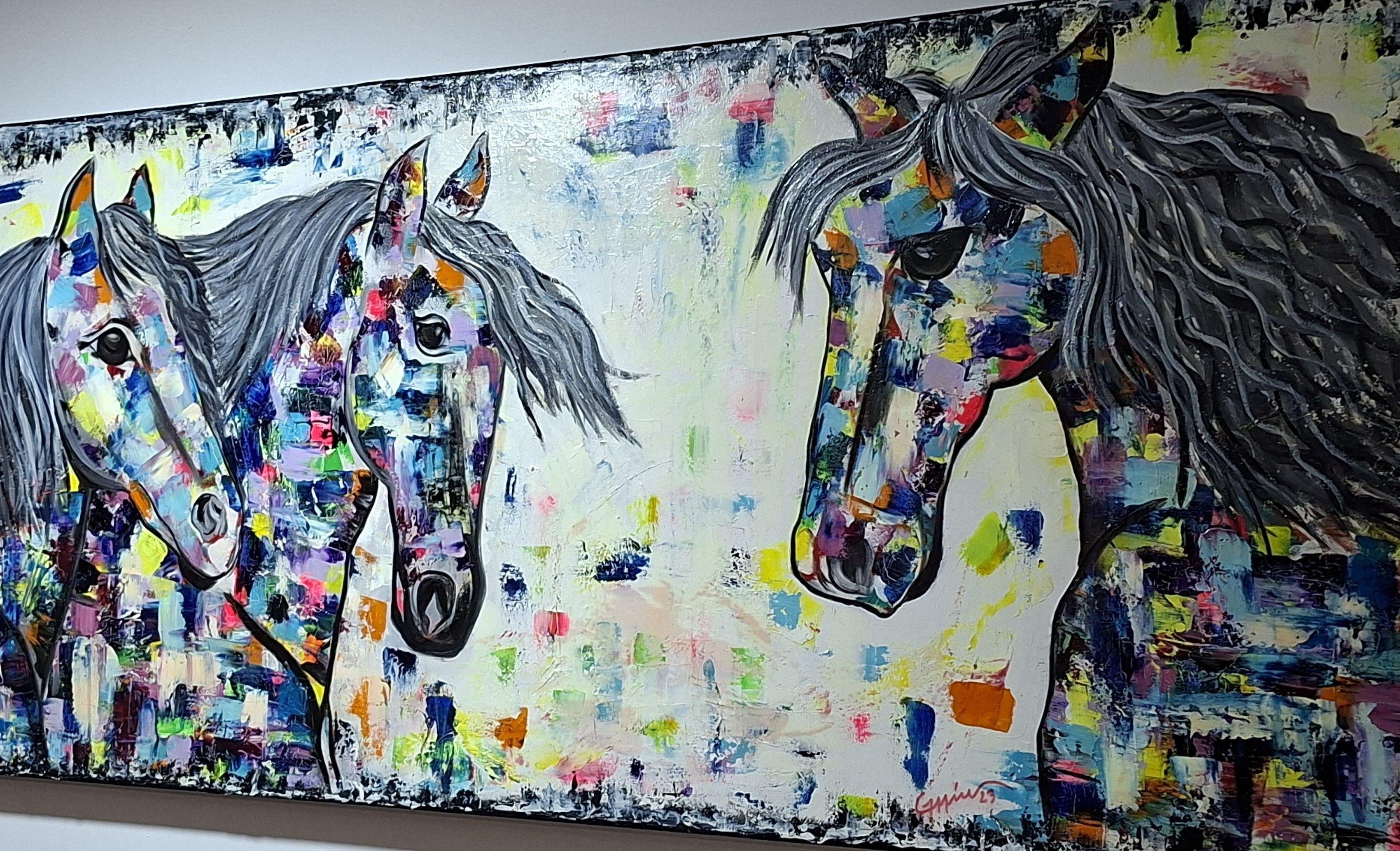 Cuadro Caballos Tribu Colors Óleo sobre Lienzo 60x140 cm GiuArts-4