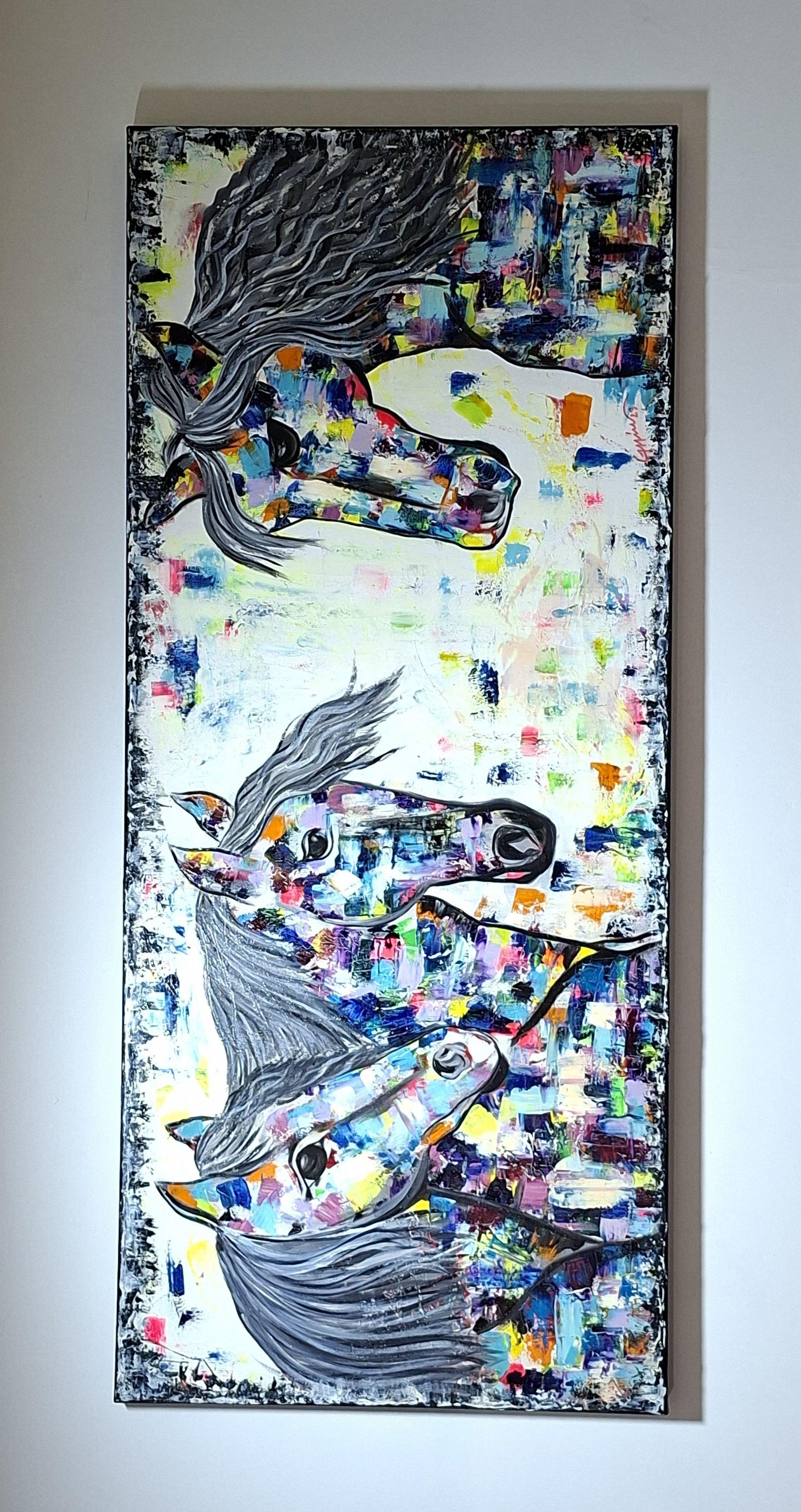 Cuadro Caballos Tribu Colors Óleo sobre Lienzo 60x140 cm GiuArts-5