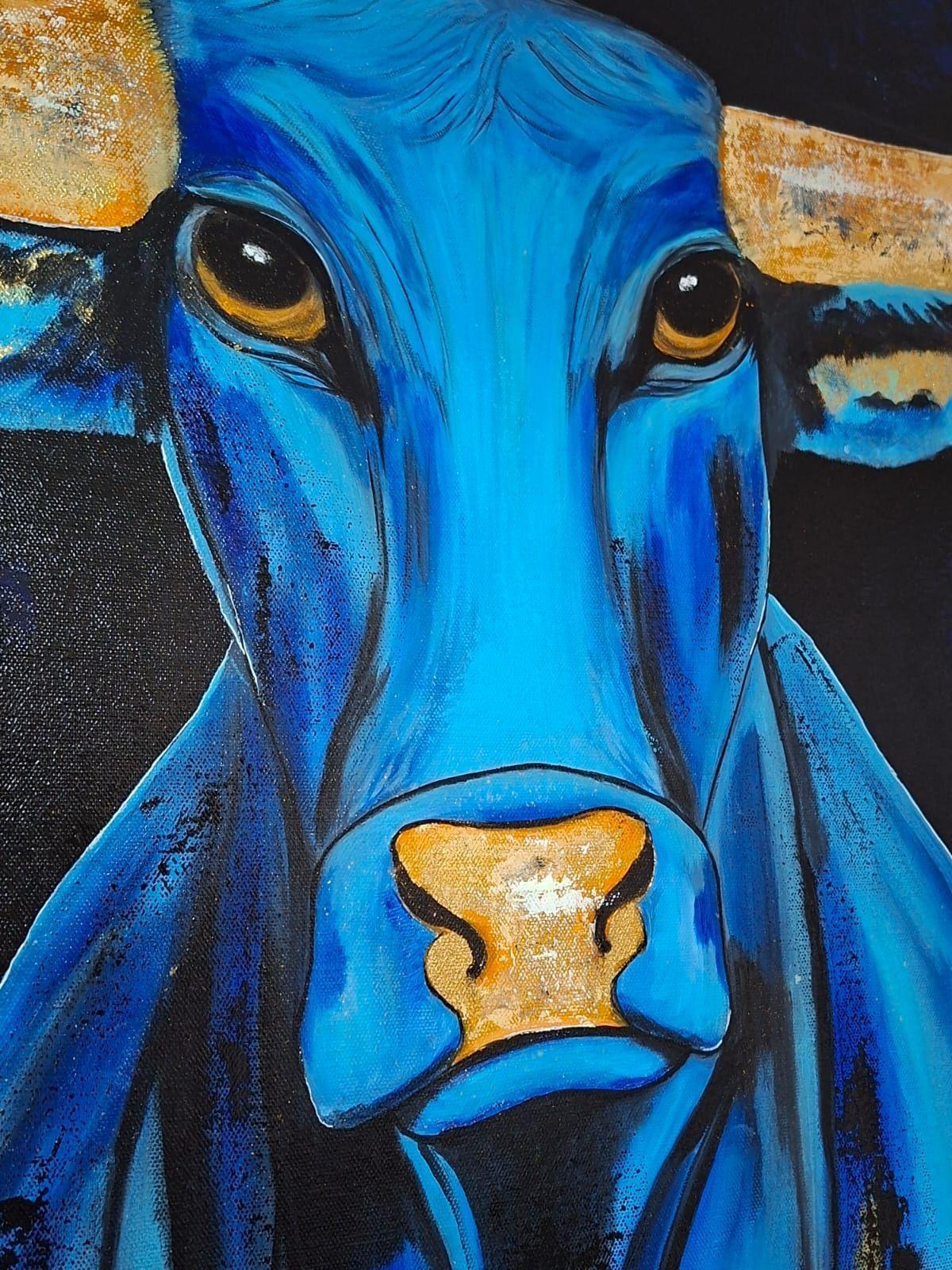 Cuadro Decorativo Toro Azul Técnica Mixta con Relieve y Toques 70x70 cm GiuArts-3
