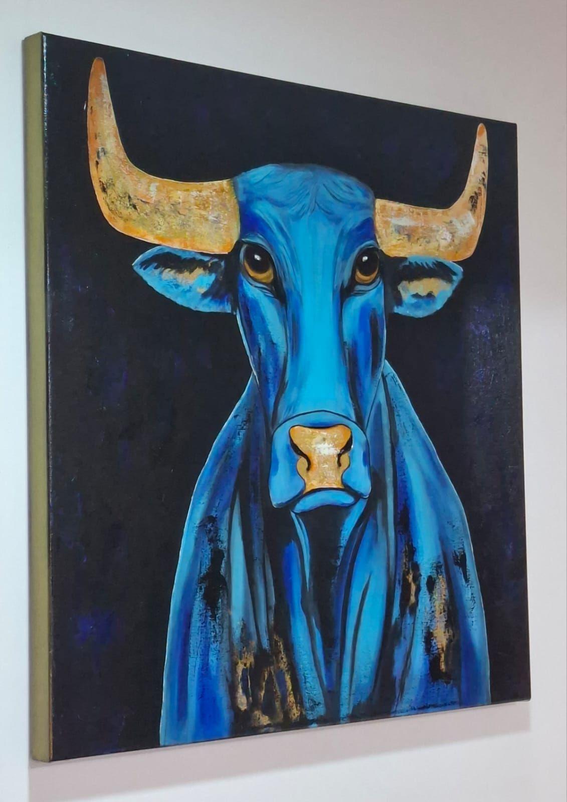 Cuadro Decorativo Toro Azul Técnica Mixta con Relieve y Toques 70x70 cm GiuArts-4