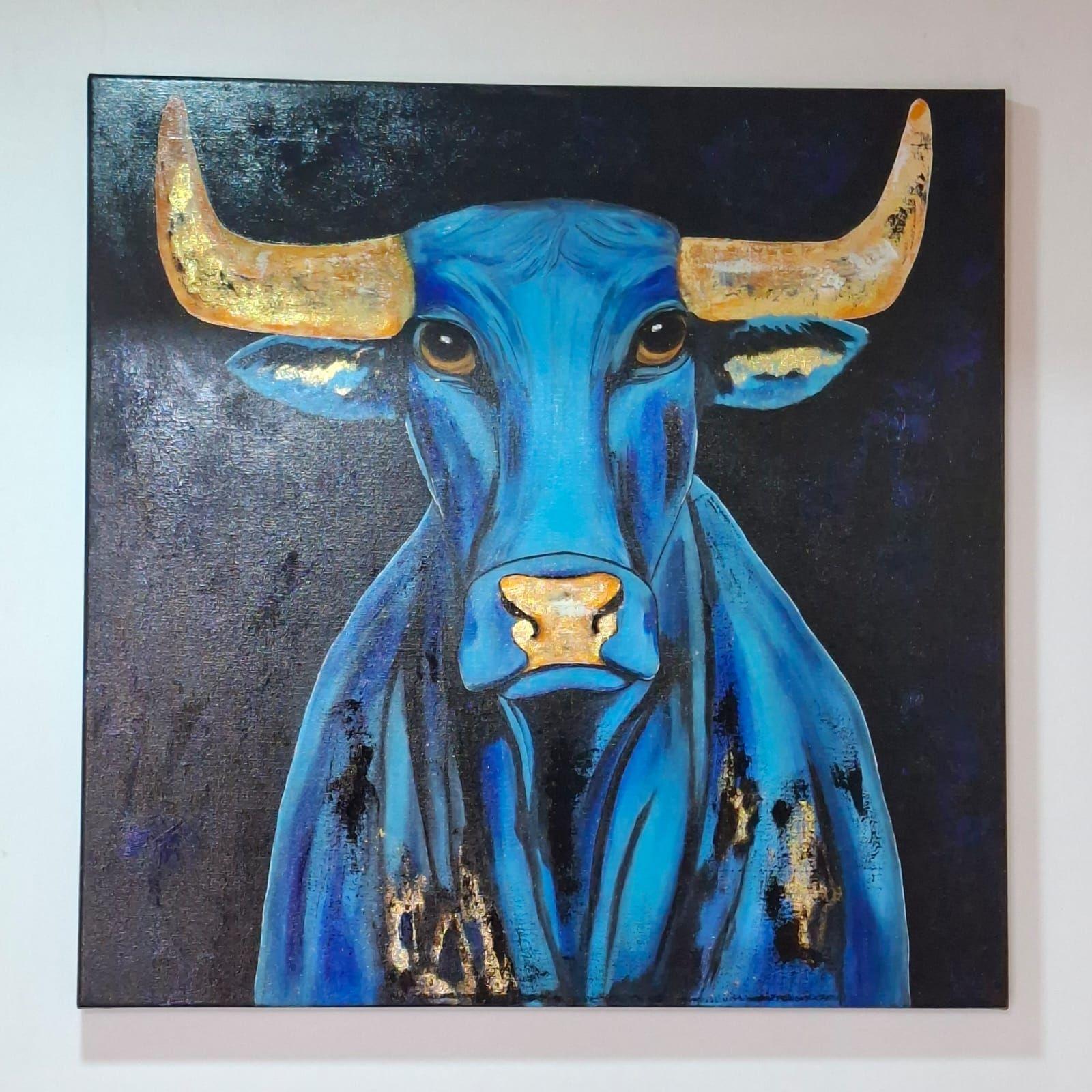 Cuadro Decorativo Toro Azul Técnica Mixta con Relieve y Toques 70x70 cm GiuArts-5