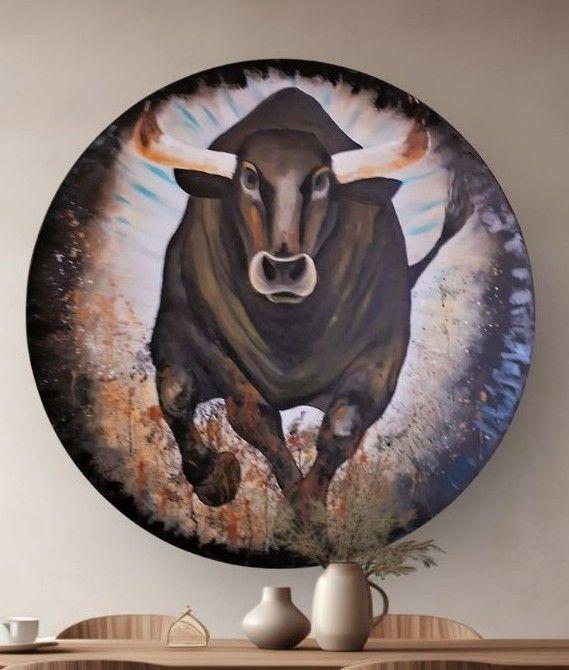 Cuadro Decorativo Circular Toro Fuerza Libre Técn. Mixta 120 cm Diámetro GiuArts-3