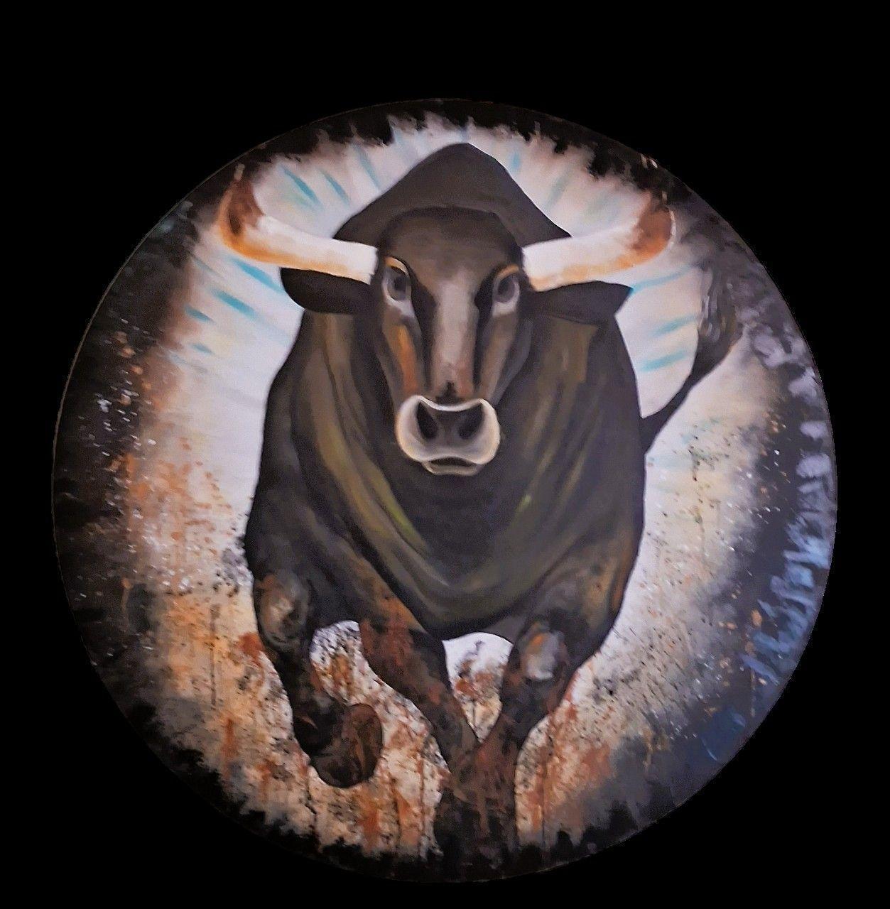 Cuadro Decorativo Circular Toro Fuerza Libre Técn. Mixta 120 cm Diámetro GiuArts-4