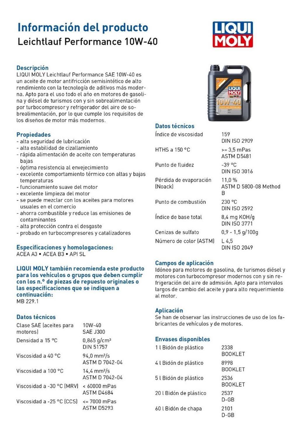 Aceite De Motor Leichtlauf Performance 10w40 Liqui Moly 4lts-1