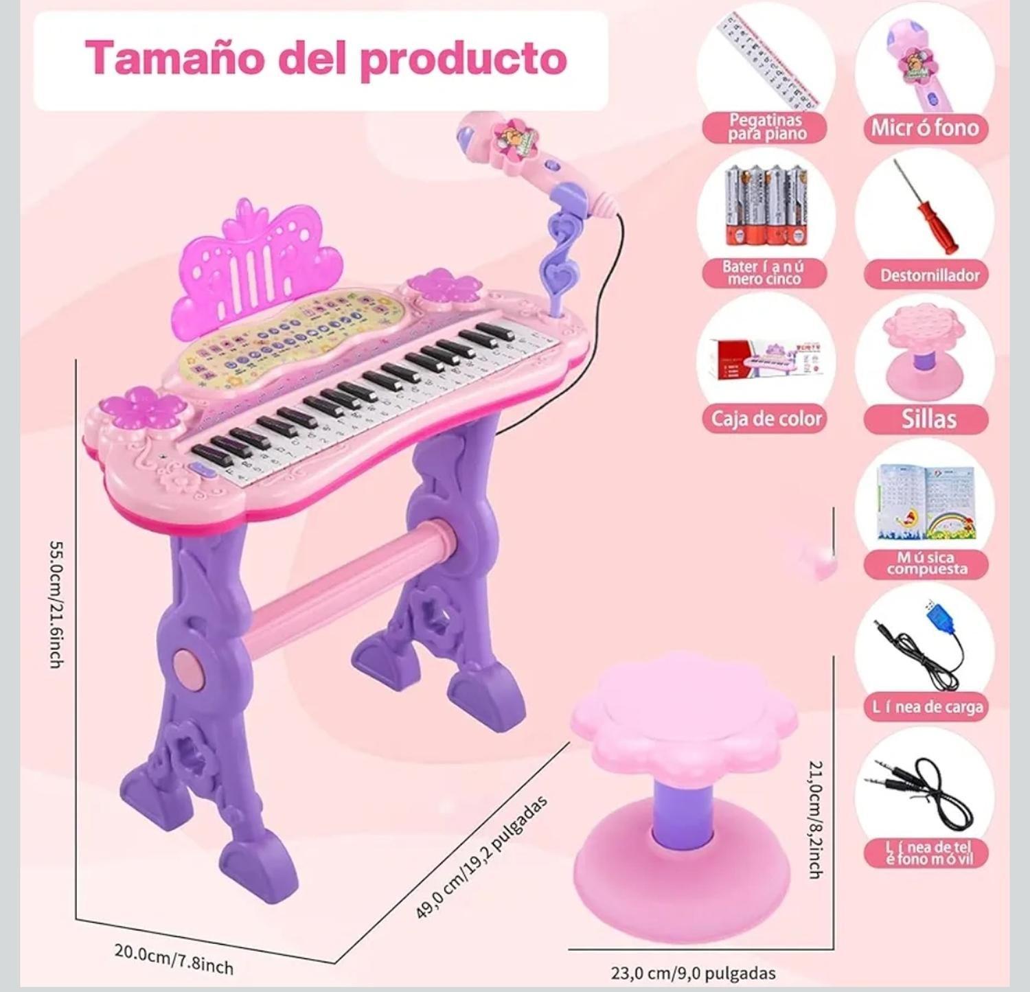 Teclado Piano Musical Con Microfono Y Silla Para Niños Con Luces Y Sonido-2