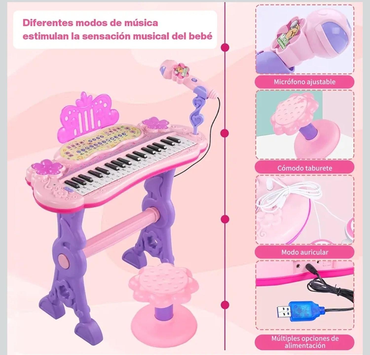 Teclado Piano Musical Con Microfono Y Silla Para Niños Con Luces Y Sonido-3